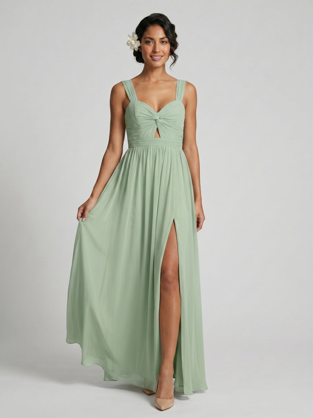 Coquette Dusty Sage Chiffon A-Line Sweetheart Backless Ankle-Length with Pleated Bridesmaid Dress