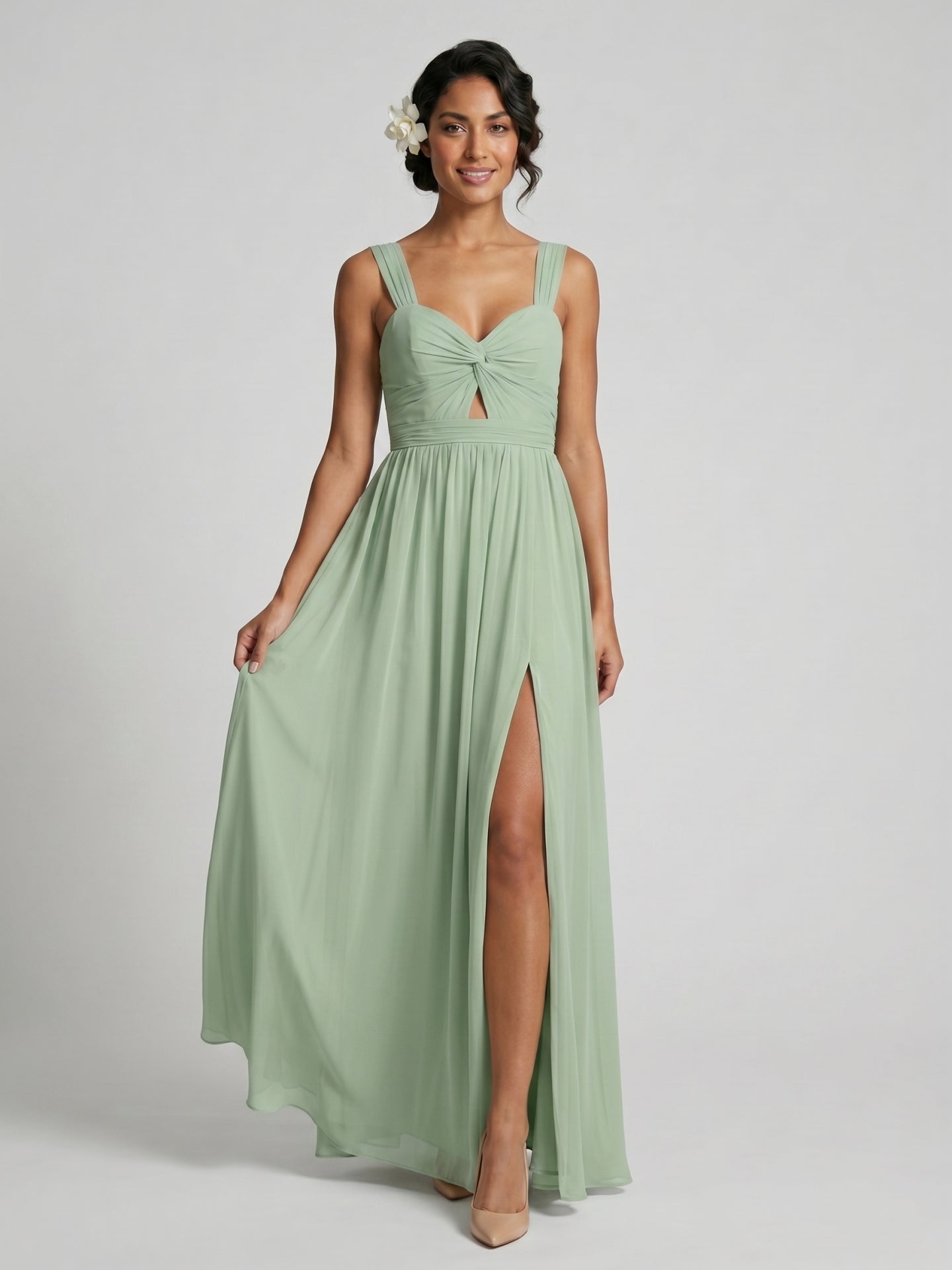 Coquette Dusty Sage Chiffon A-Line Sweetheart Backless Ankle-Length with Pleated Bridesmaid Dress