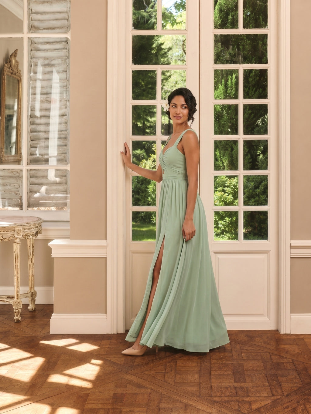 Coquette Dusty Sage Chiffon A-Line Sweetheart Backless Ankle-Length with Pleated Bridesmaid Dress