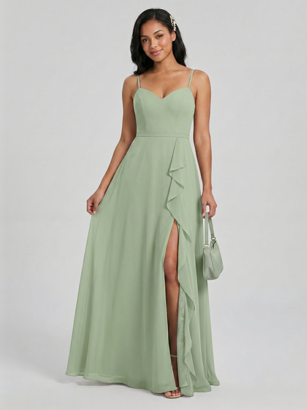 Coquette Dusty Sage Chiffon A-Line V-Neck Back Zip with Ruffle Ankle-Length Bridesmaid Dress