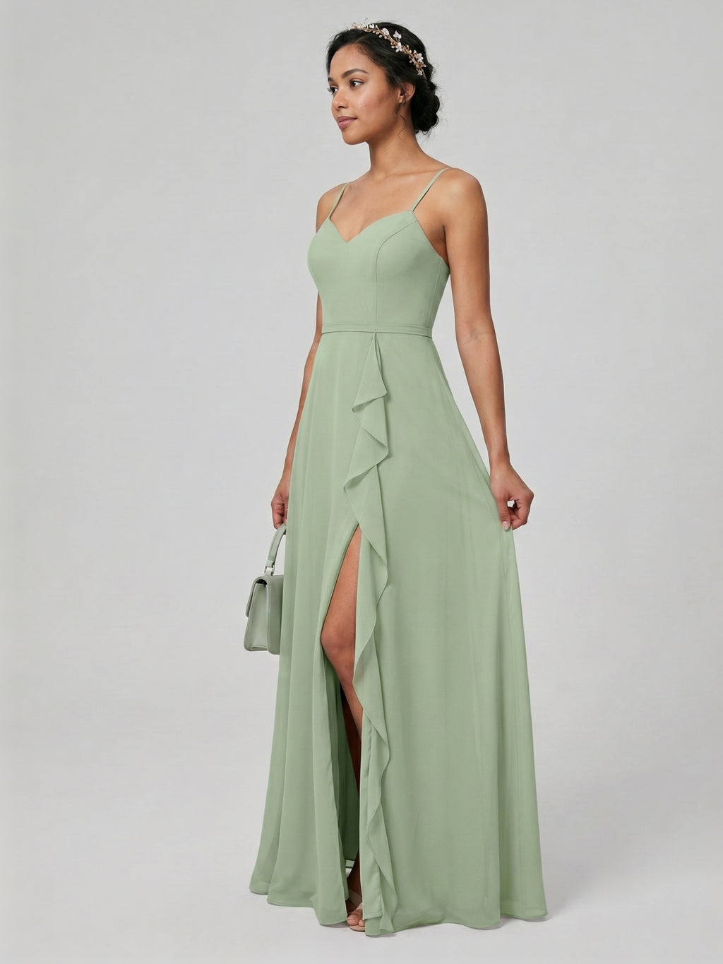 Coquette Dusty Sage Chiffon A-Line V-Neck Back Zip with Ruffle Ankle-Length Bridesmaid Dress