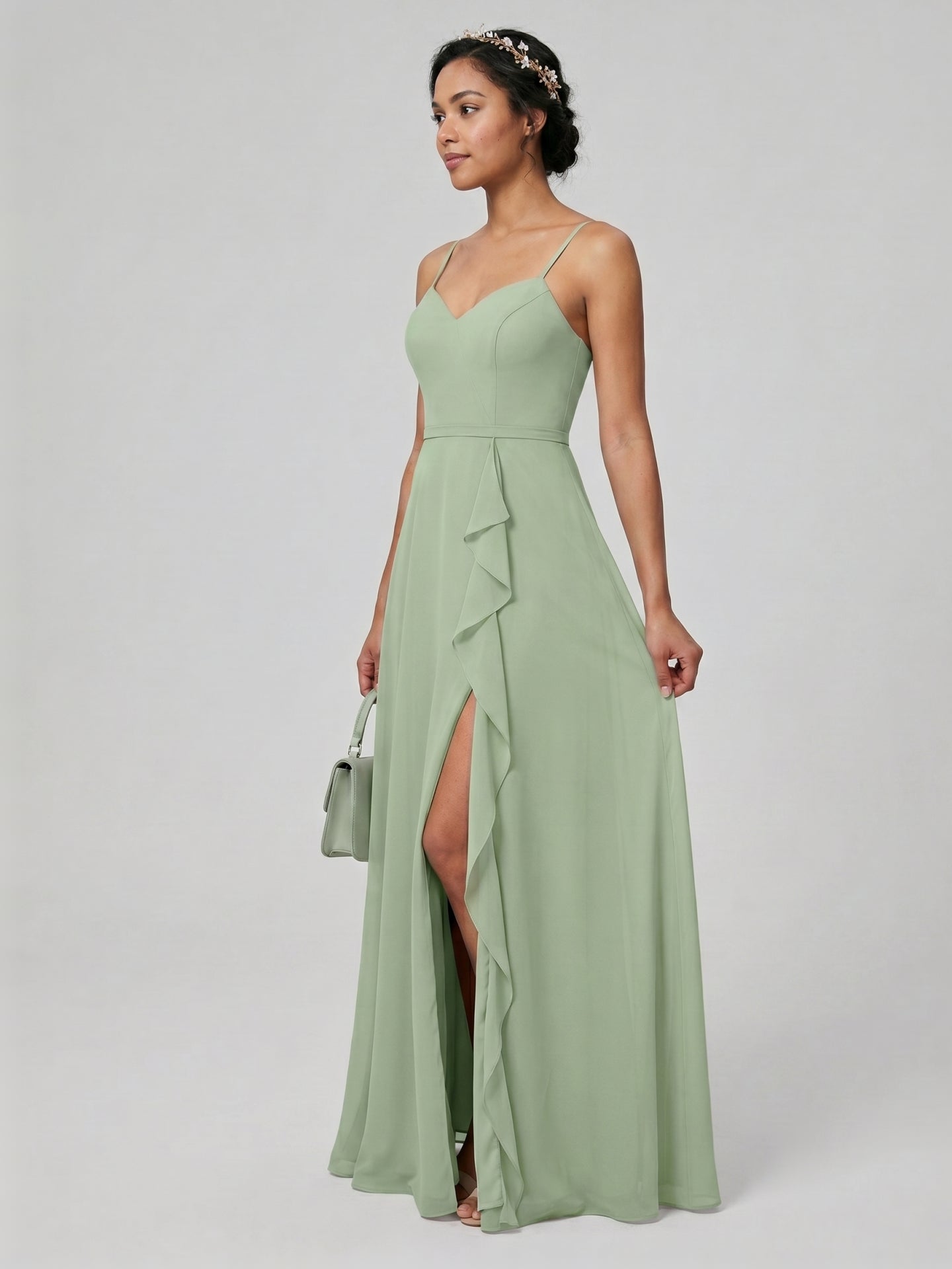 Coquette Dusty Sage Chiffon A-Line V-Neck Back Zip with Ruffle Ankle-Length Bridesmaid Dress