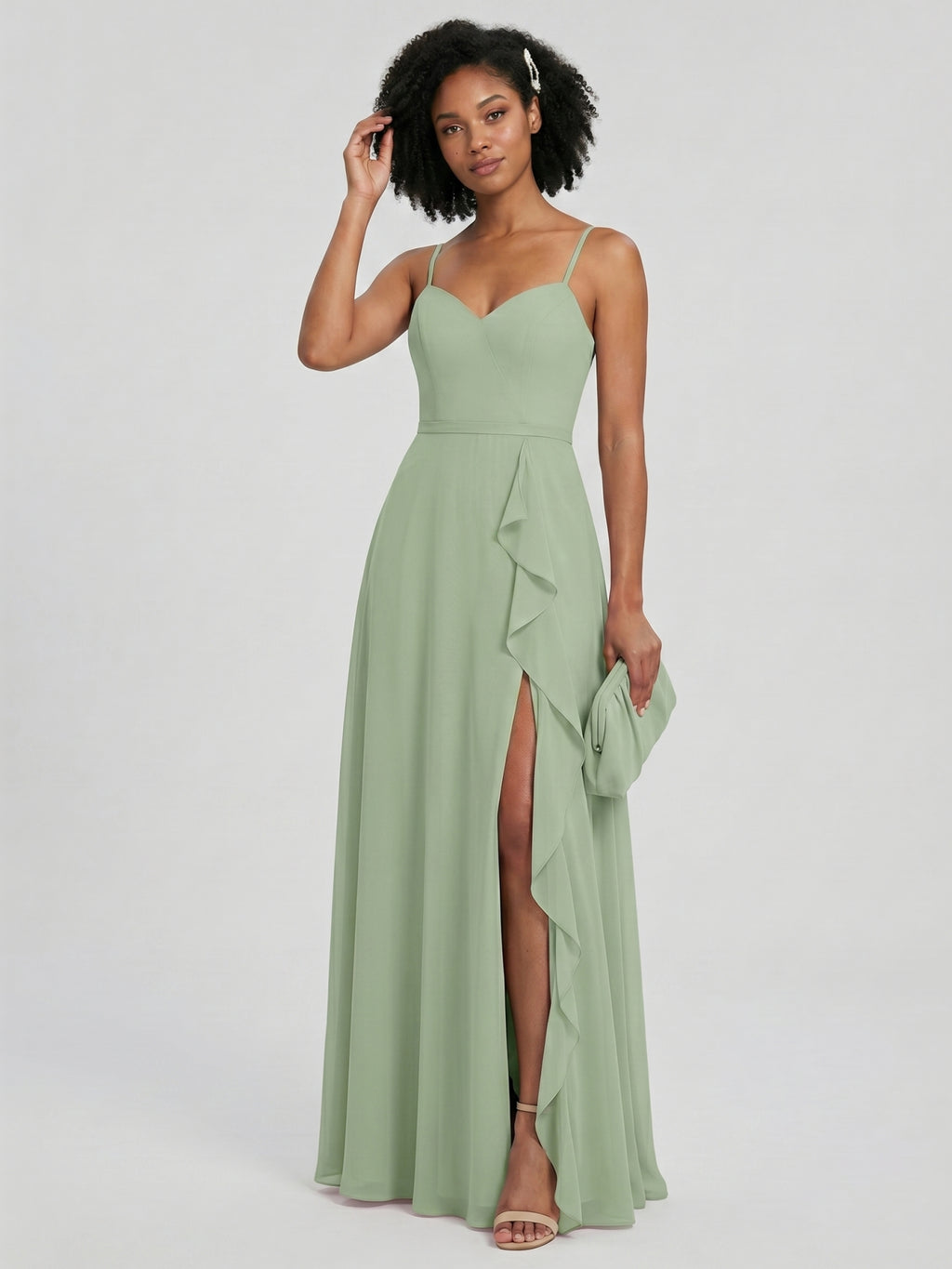 Coquette Dusty Sage Chiffon A-Line V-Neck Back Zip with Ruffle Ankle-Length Bridesmaid Dress