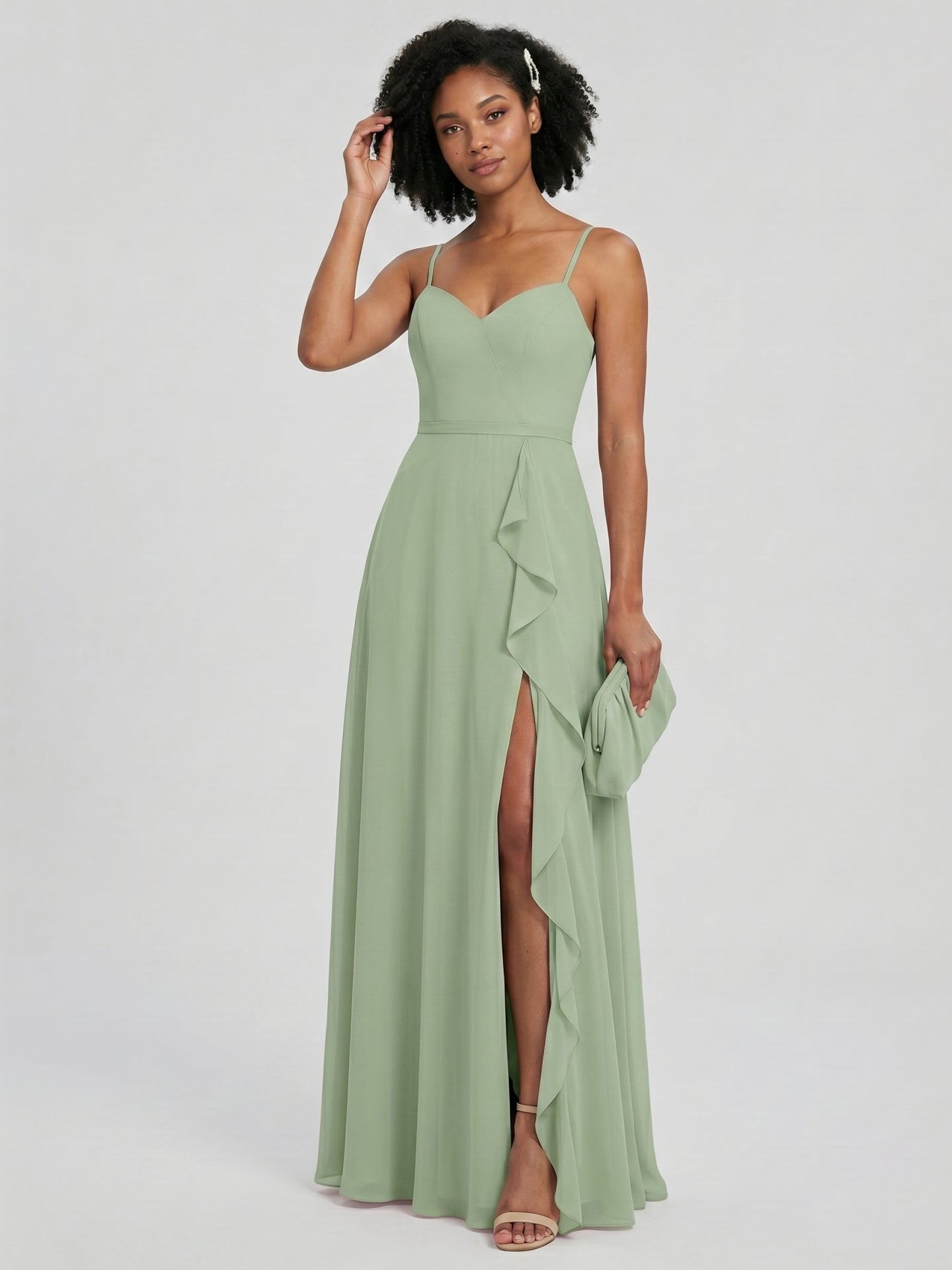 Coquette Dusty Sage Chiffon A-Line V-Neck Back Zip with Ruffle Ankle-Length Bridesmaid Dress