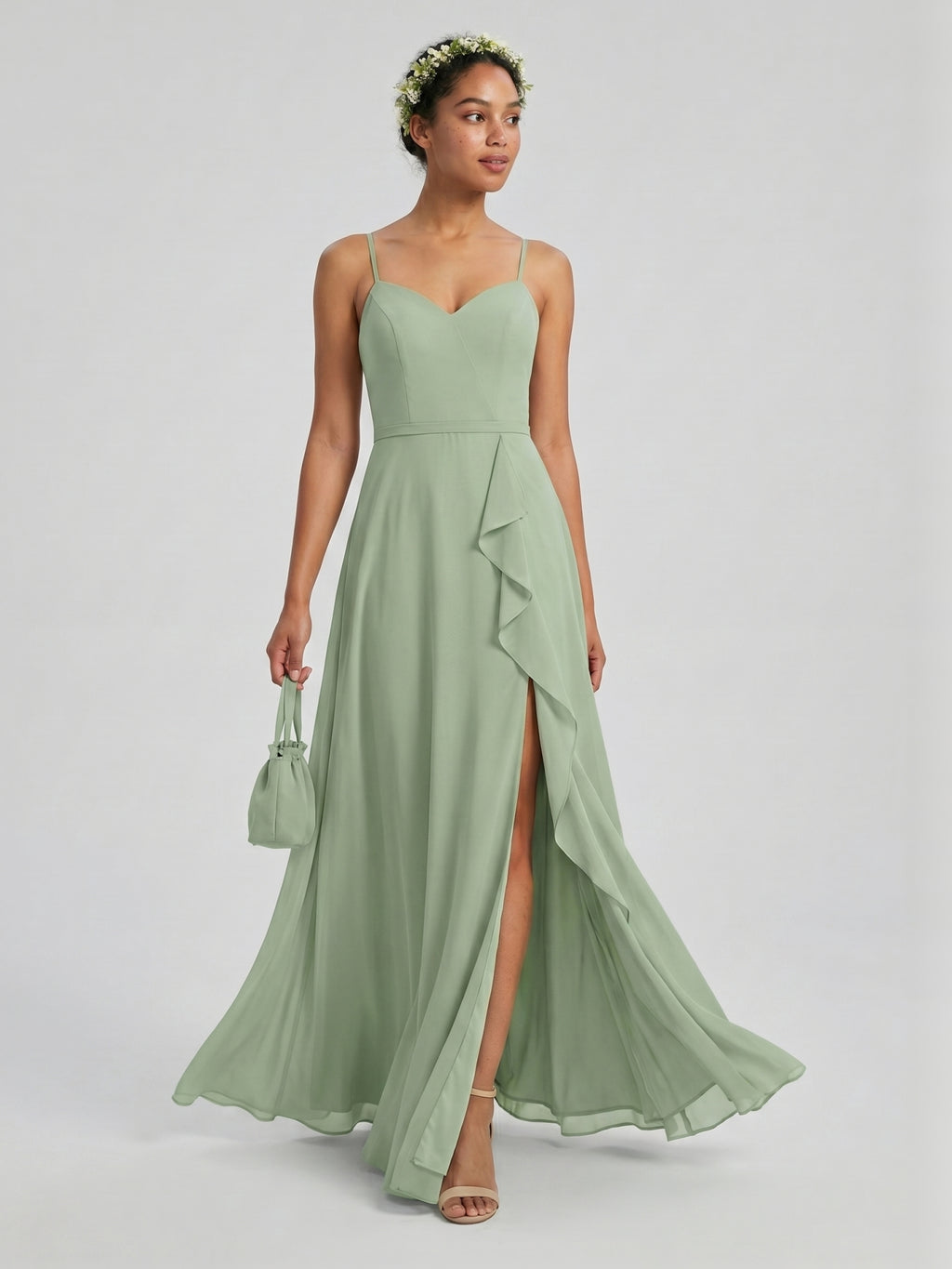 Coquette Dusty Sage Chiffon A-Line V-Neck Back Zip with Ruffle Ankle-Length Bridesmaid Dress