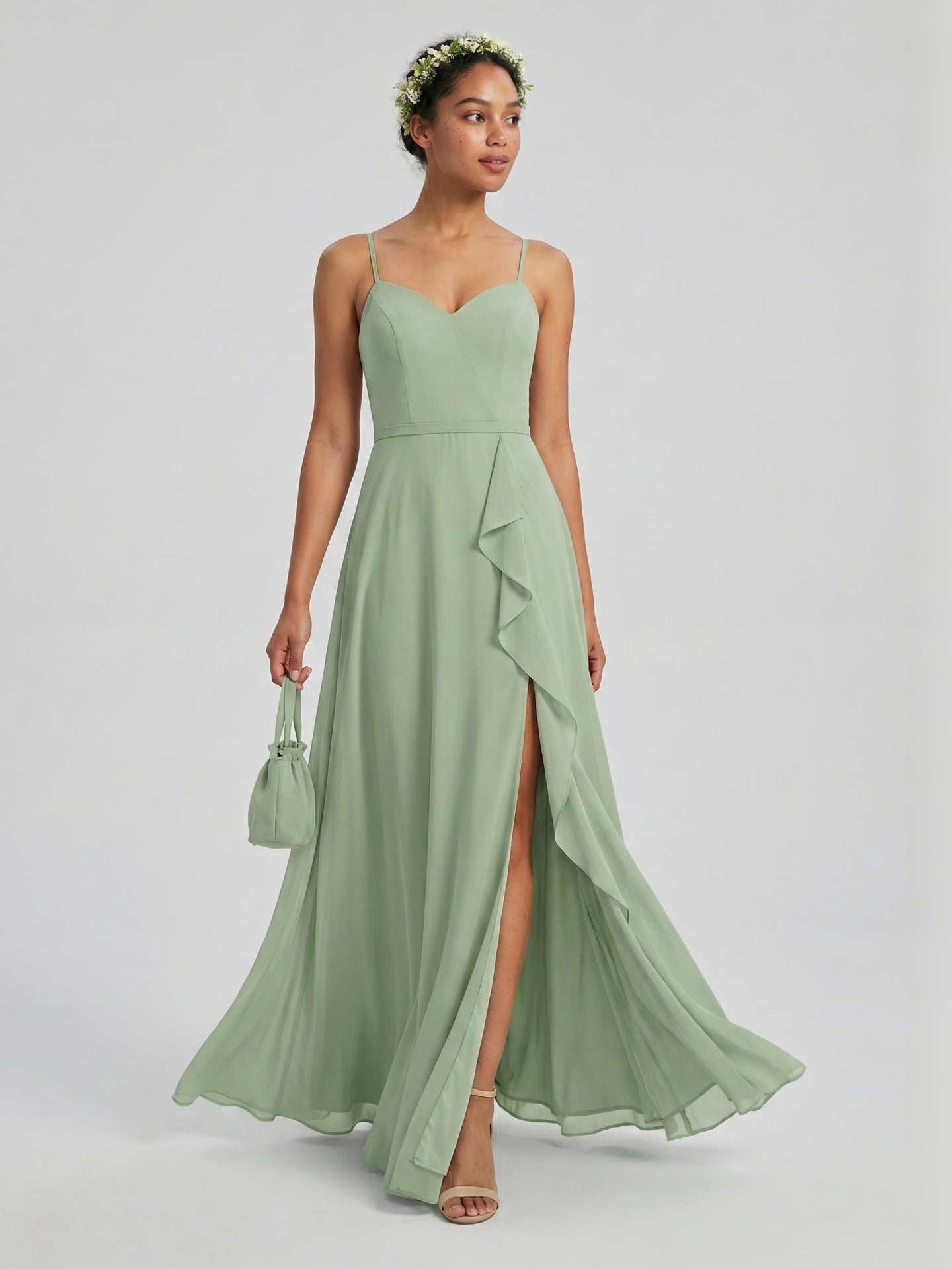 Coquette Dusty Sage Chiffon A-Line V-Neck Back Zip with Ruffle Ankle-Length Bridesmaid Dress