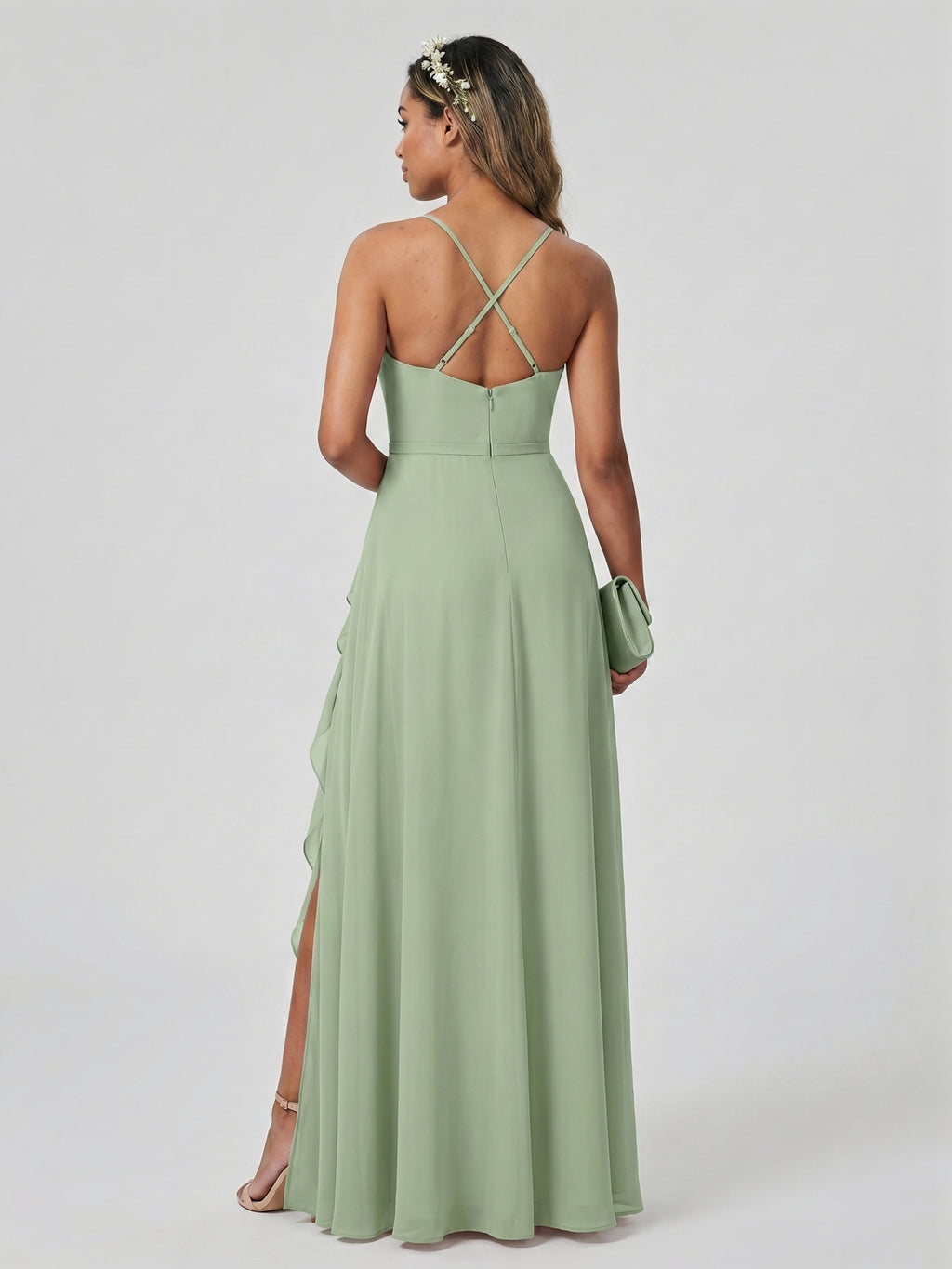 Coquette Dusty Sage Chiffon A-Line V-Neck Back Zip with Ruffle Ankle-Length Bridesmaid Dress