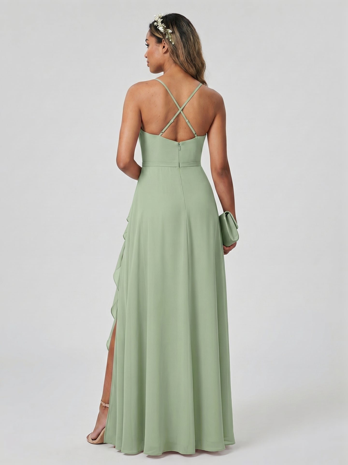 Coquette Dusty Sage Chiffon A-Line V-Neck Back Zip with Ruffle Ankle-Length Bridesmaid Dress
