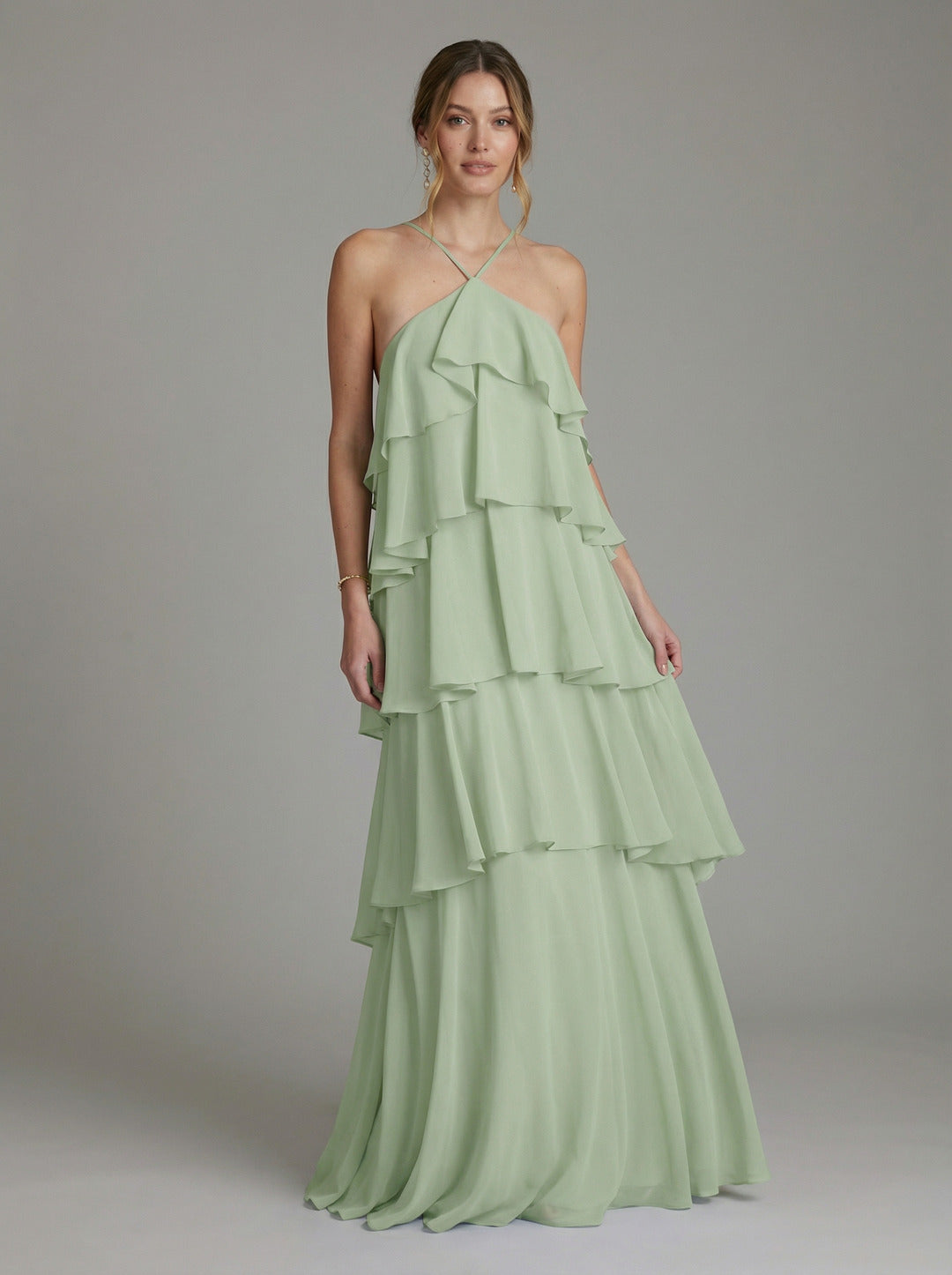 Coquette Dusty Sage Chiffon A-Line Halter neckline Backless with Cascading Ruffles Ankle-Length Bridesmaid Dress