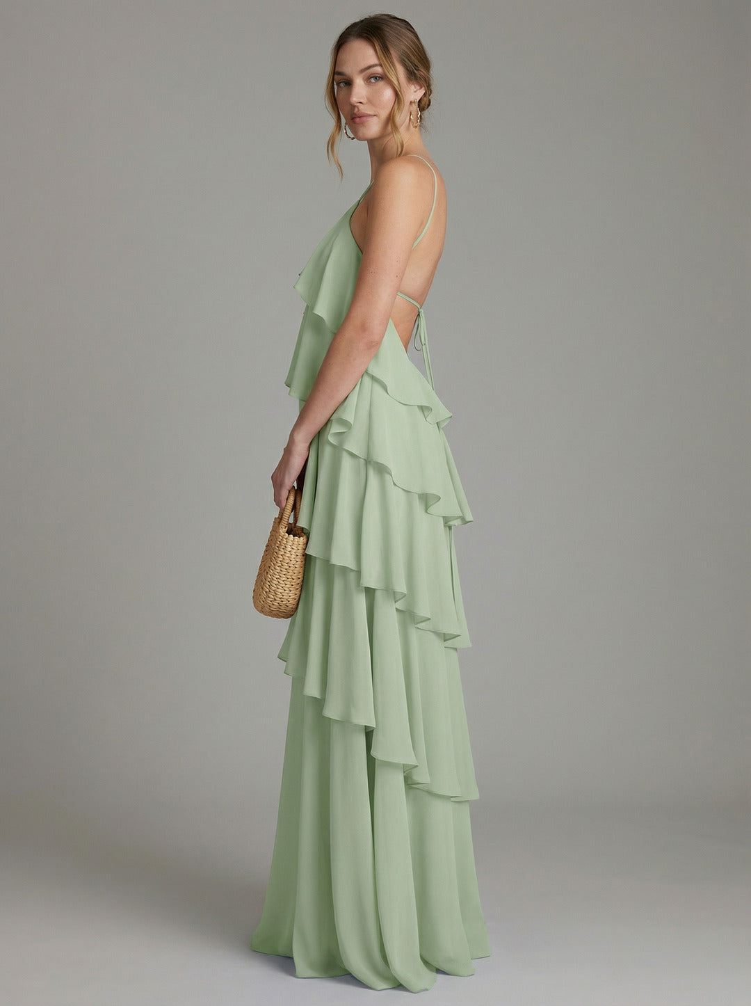 Coquette Dusty Sage Chiffon A-Line Halter neckline Backless with Cascading Ruffles Ankle-Length Bridesmaid Dress