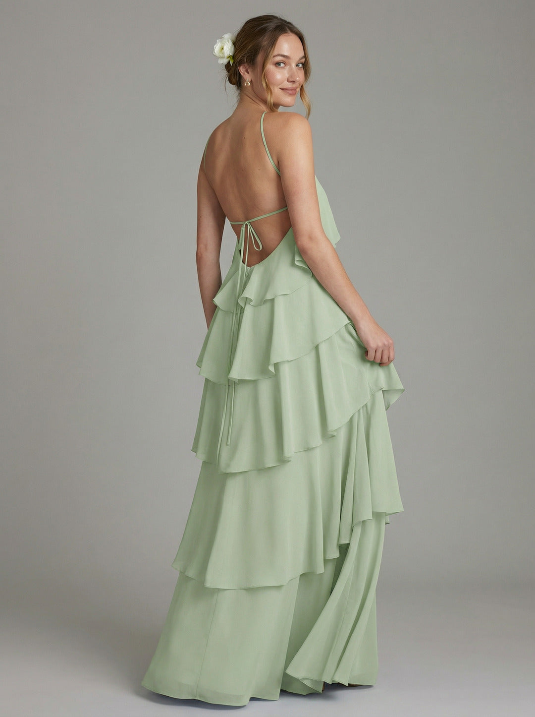 Coquette Dusty Sage Chiffon A-Line Halter neckline Backless with Cascading Ruffles Ankle-Length Bridesmaid Dress