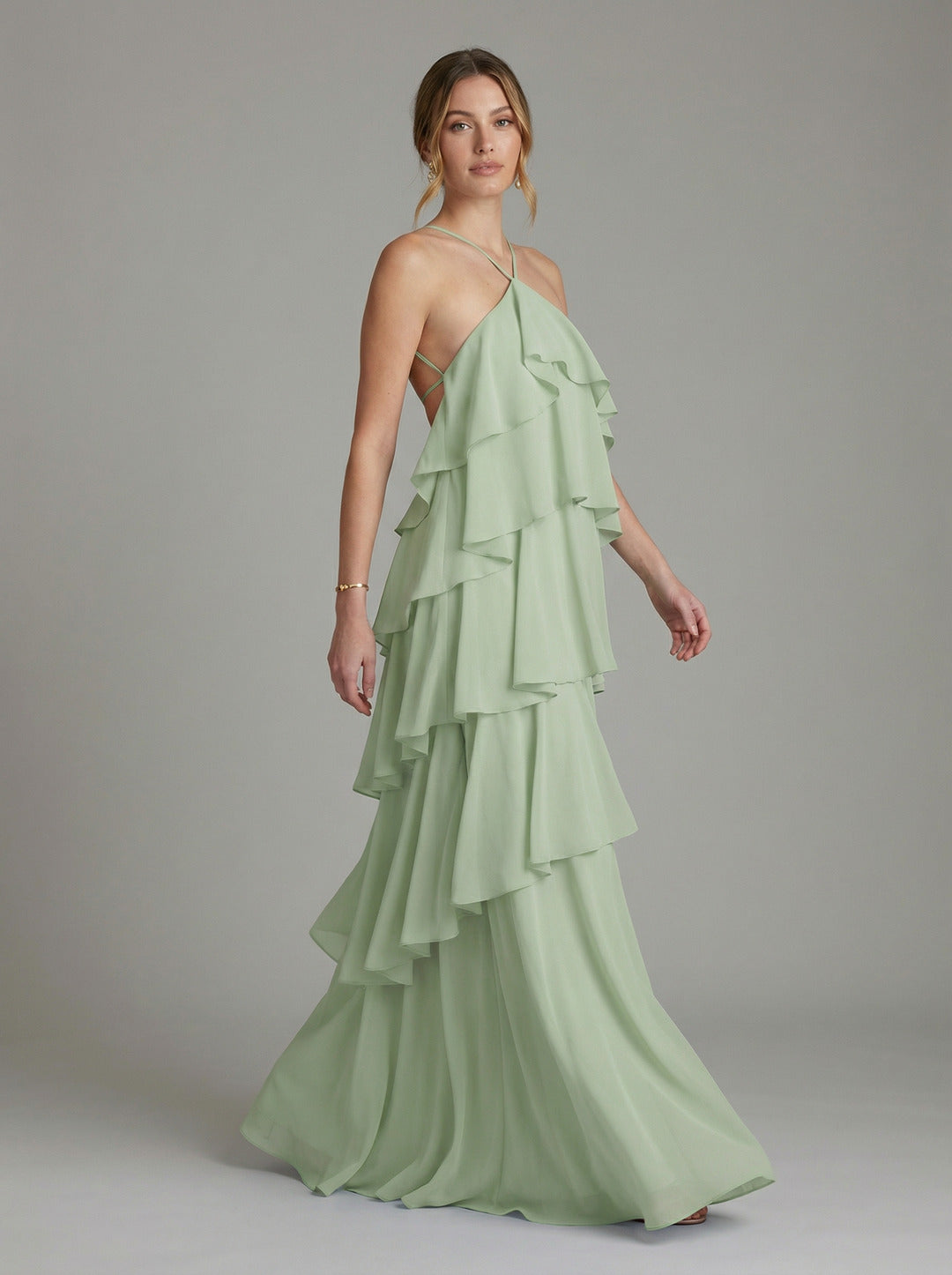 Coquette Dusty Sage Chiffon A-Line Halter neckline Backless with Cascading Ruffles Ankle-Length Bridesmaid Dress