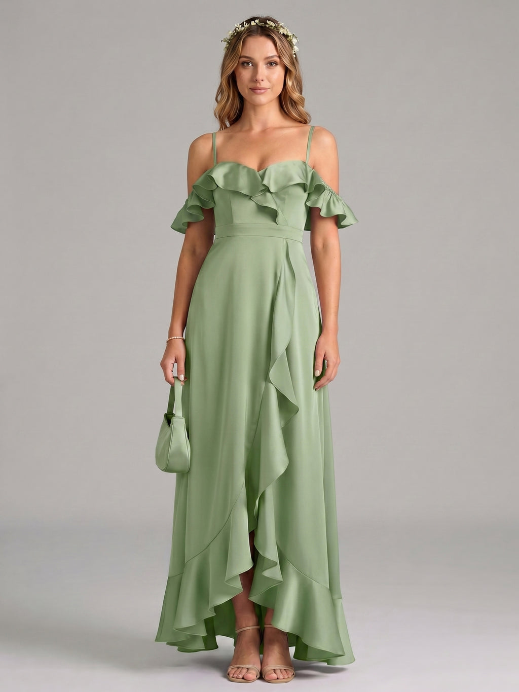 Coquette Dusty Sage Satin A-Line Off the Shoulder Backless with Ruffle Ankle-Length Bridesmaid Dress