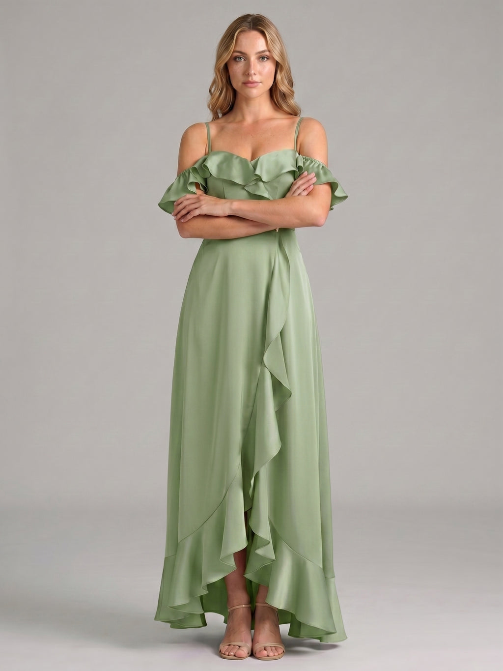 Coquette Dusty Sage Satin A-Line Off the Shoulder Backless with Ruffle Ankle-Length Bridesmaid Dress