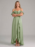 Coquette Dusty Sage Satin A-Line Off the Shoulder Backless with Ruffle Ankle-Length Bridesmaid Dress