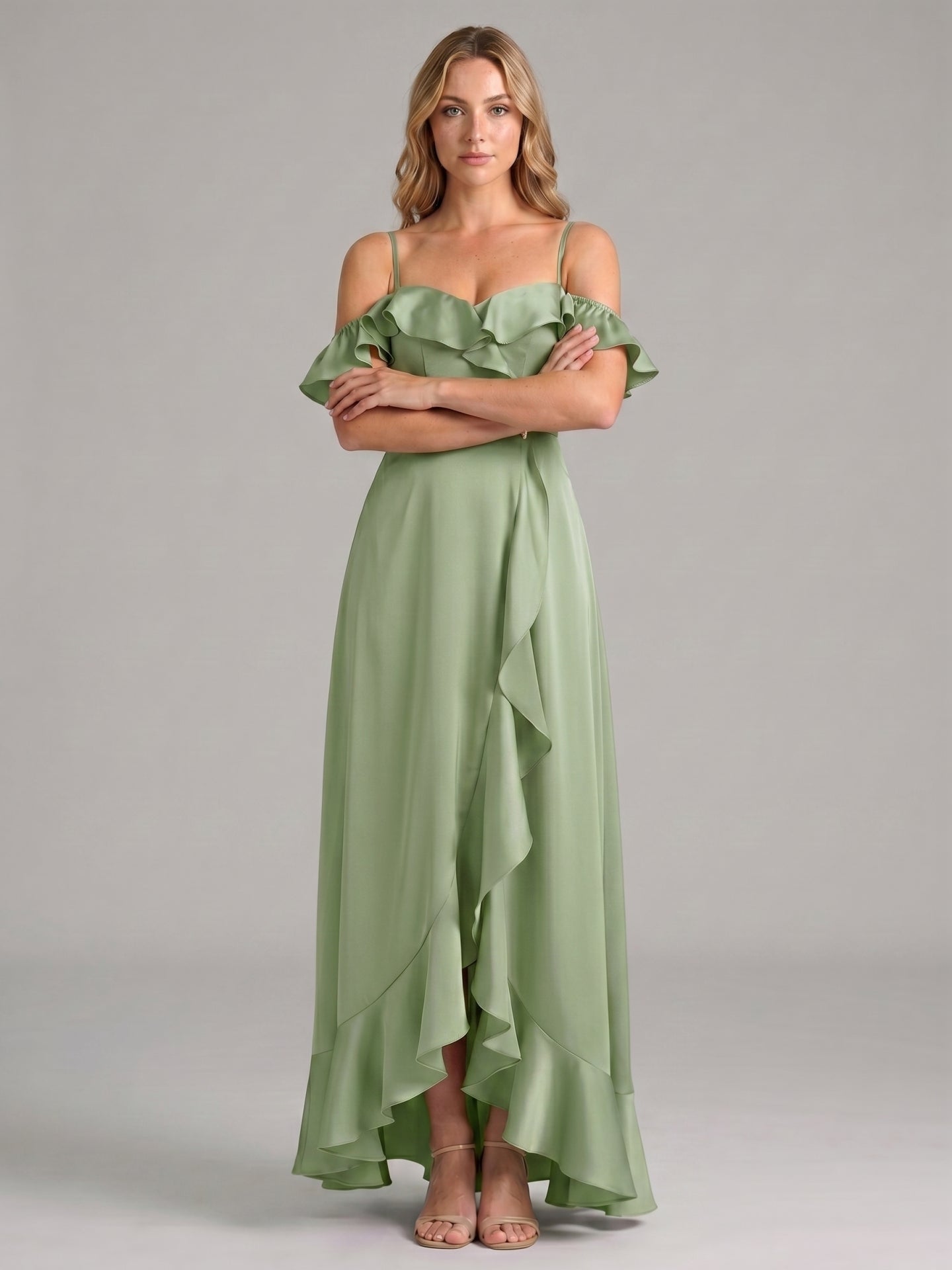 Coquette Dusty Sage Satin A-Line Off the Shoulder Backless with Ruffle Ankle-Length Bridesmaid Dress