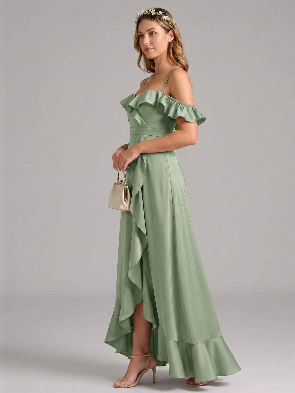 Coquette Dusty Sage Satin A-Line Off the Shoulder Backless with Ruffle Ankle-Length Bridesmaid Dress