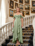 Coquette Dusty Sage Satin A-Line Off the Shoulder Backless with Ruffle Ankle-Length Bridesmaid Dress