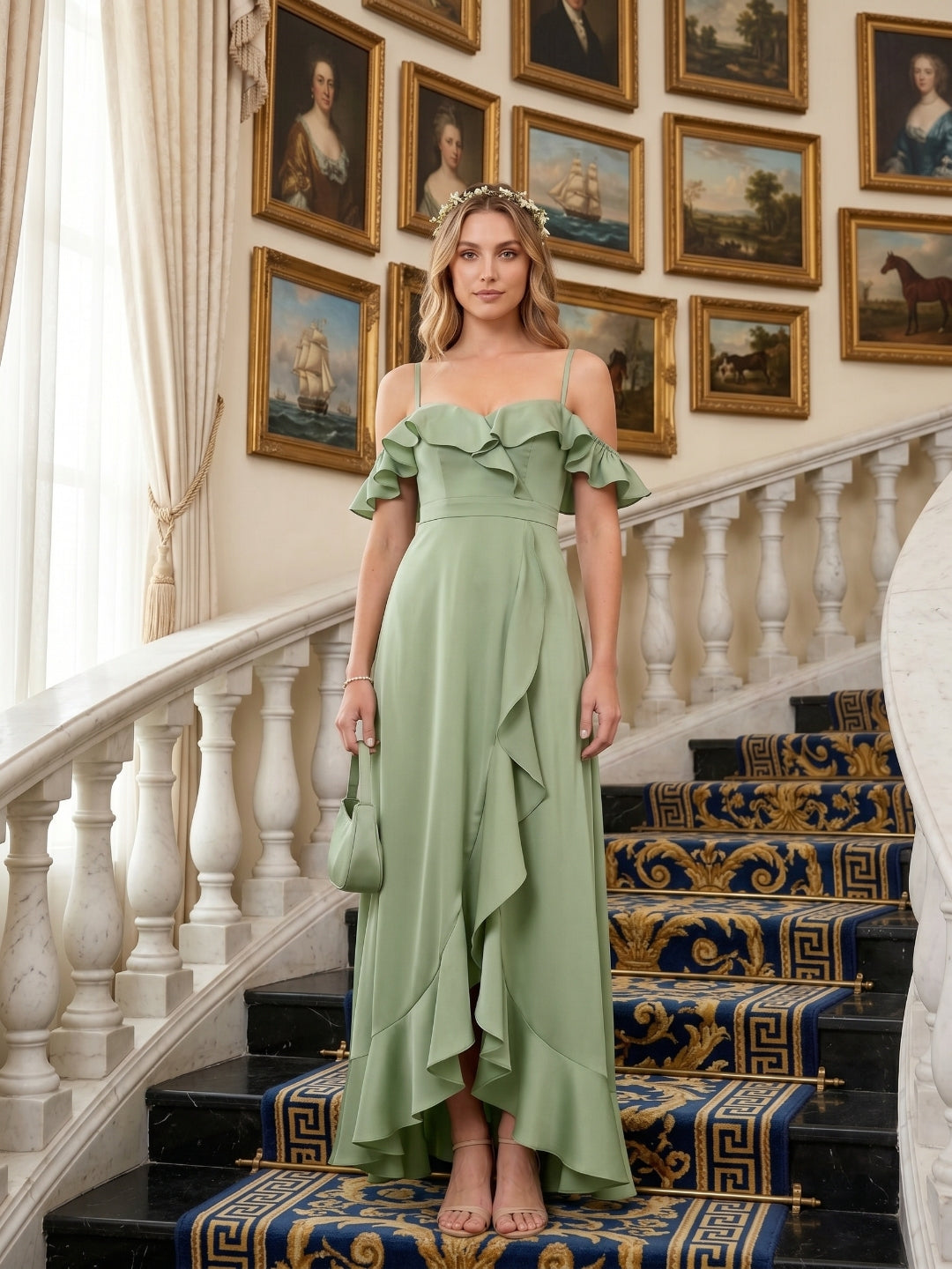 Coquette Dusty Sage Satin A-Line Off the Shoulder Backless with Ruffle Ankle-Length Bridesmaid Dress