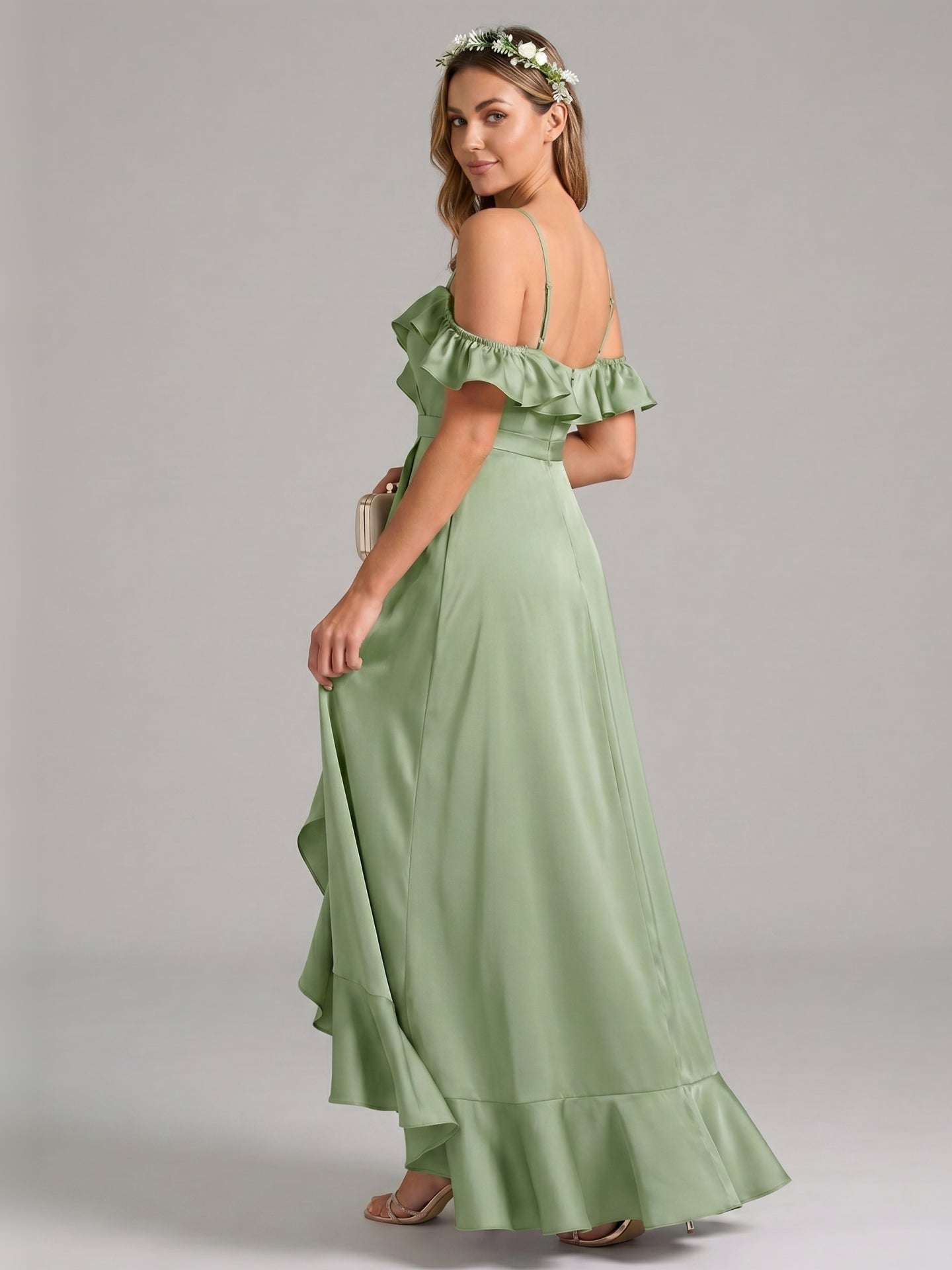 Coquette Dusty Sage Satin A-Line Off the Shoulder Backless with Ruffle Ankle-Length Bridesmaid Dress