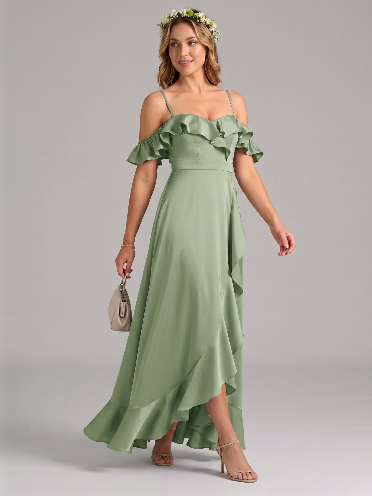 Coquette Dusty Sage Satin A-Line Off the Shoulder Backless with Ruffle Ankle-Length Bridesmaid Dress