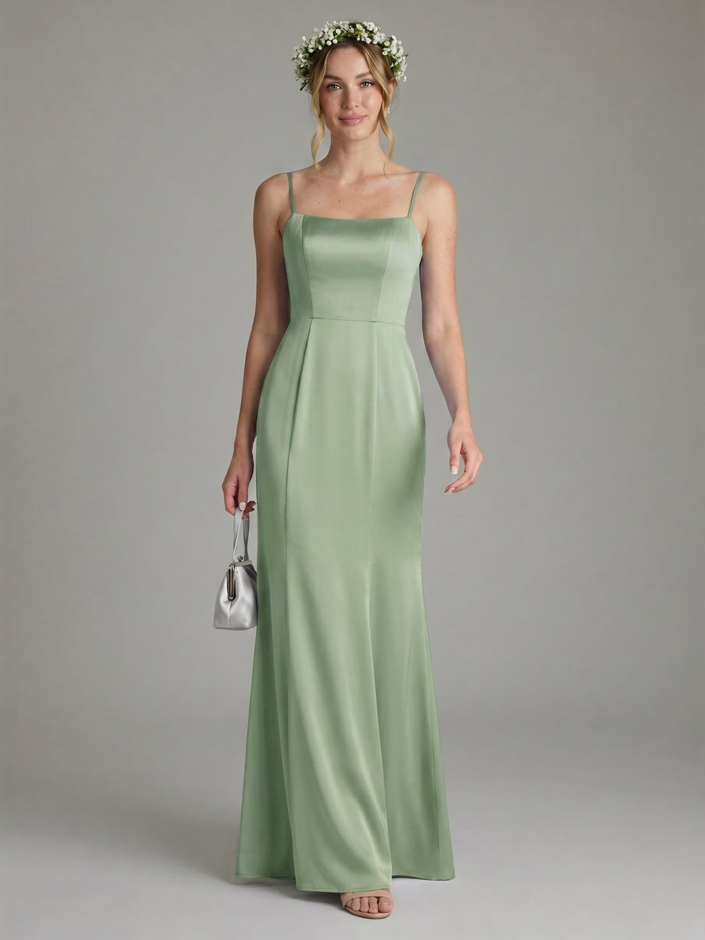 Coquette Dusty Sage Satin Sheath Square Neck Backless with Bow Ankle-Length Bridesmaid Dress