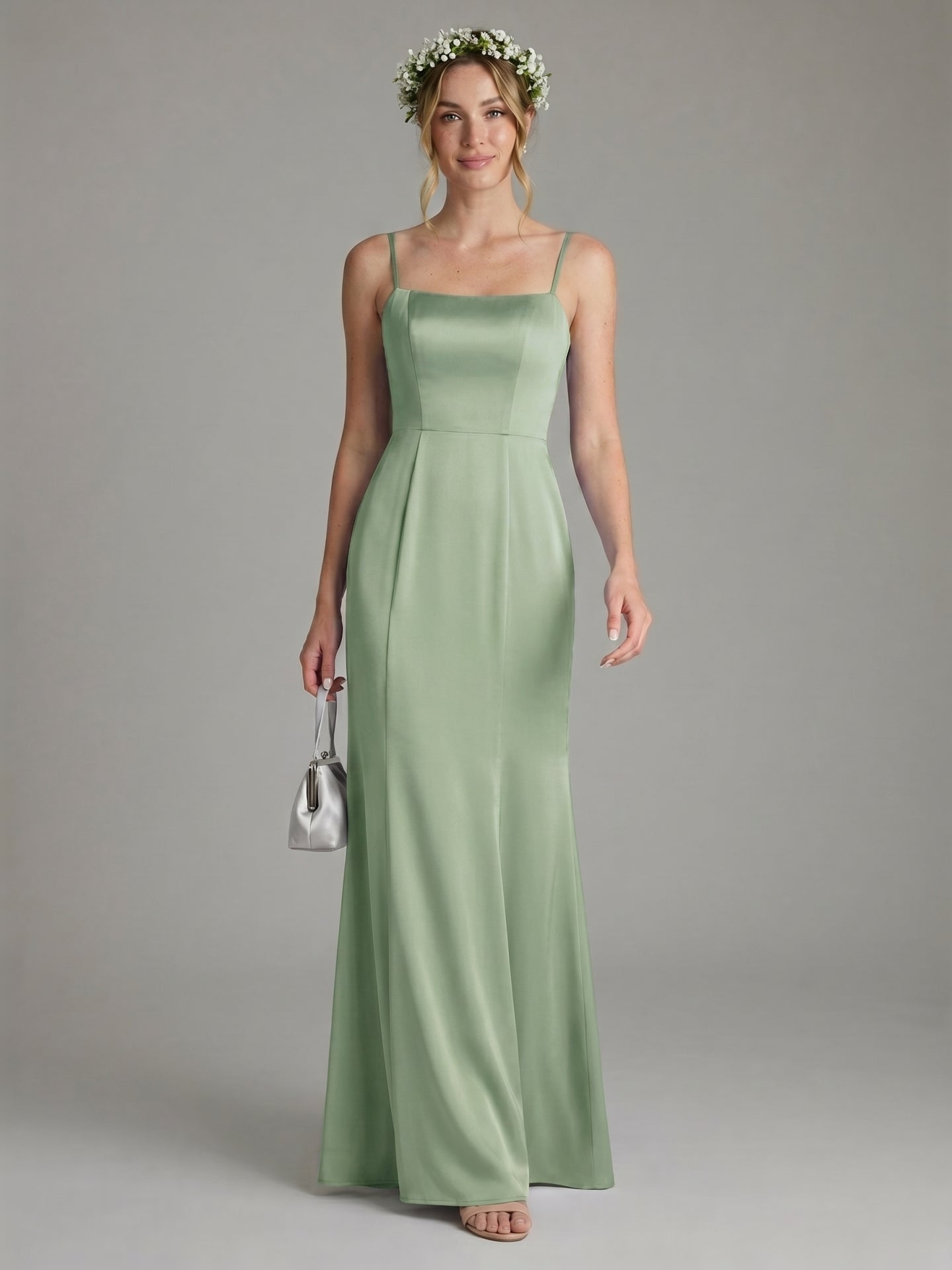 Coquette Dusty Sage Satin Sheath Square Neck Backless with Bow Ankle-Length Bridesmaid Dress