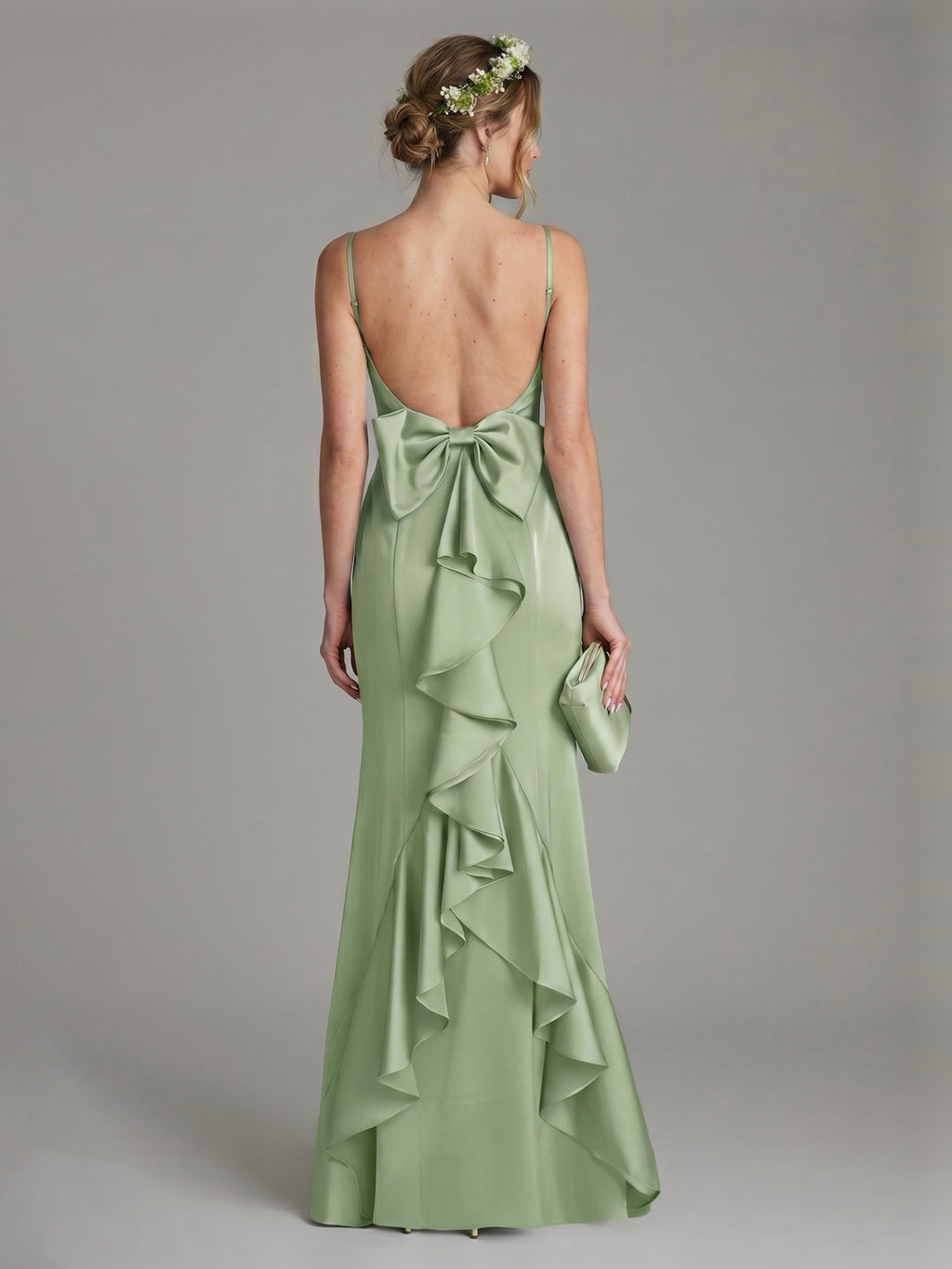 Coquette Dusty Sage Satin Sheath Square Neck Backless with Bow Ankle-Length Bridesmaid Dress