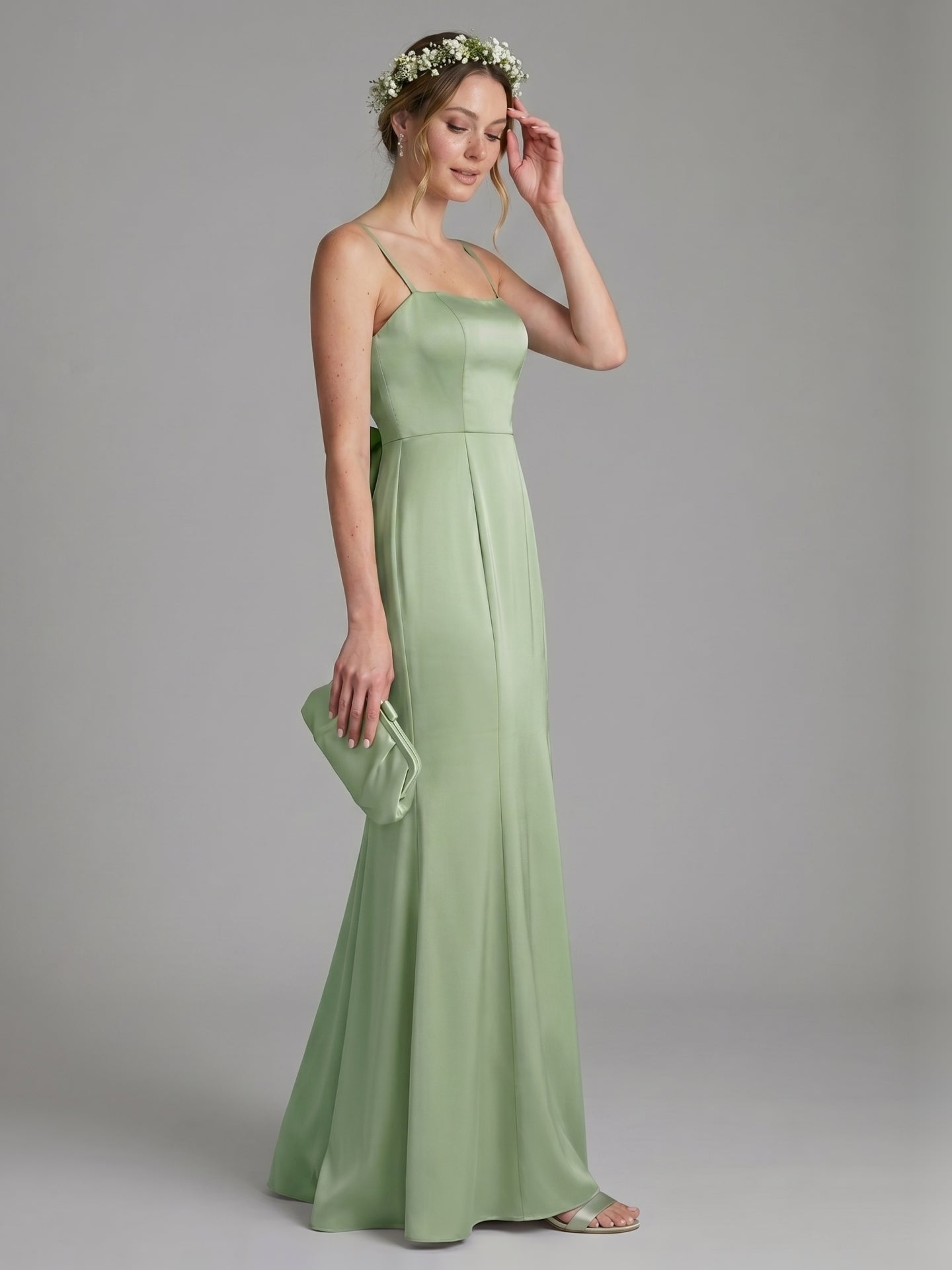 Coquette Dusty Sage Satin Sheath Square Neck Backless with Bow Ankle-Length Bridesmaid Dress