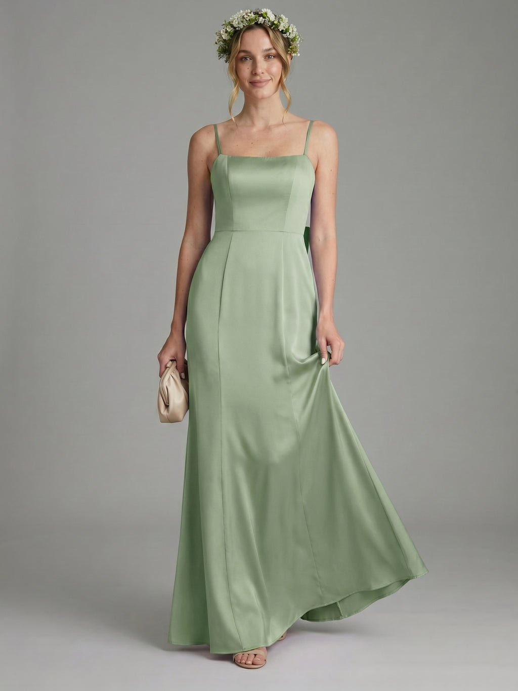 Coquette Dusty Sage Satin Sheath Square Neck Backless with Bow Ankle-Length Bridesmaid Dress