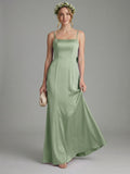 Coquette Dusty Sage Satin Sheath Square Neck Backless with Bow Ankle-Length Bridesmaid Dress