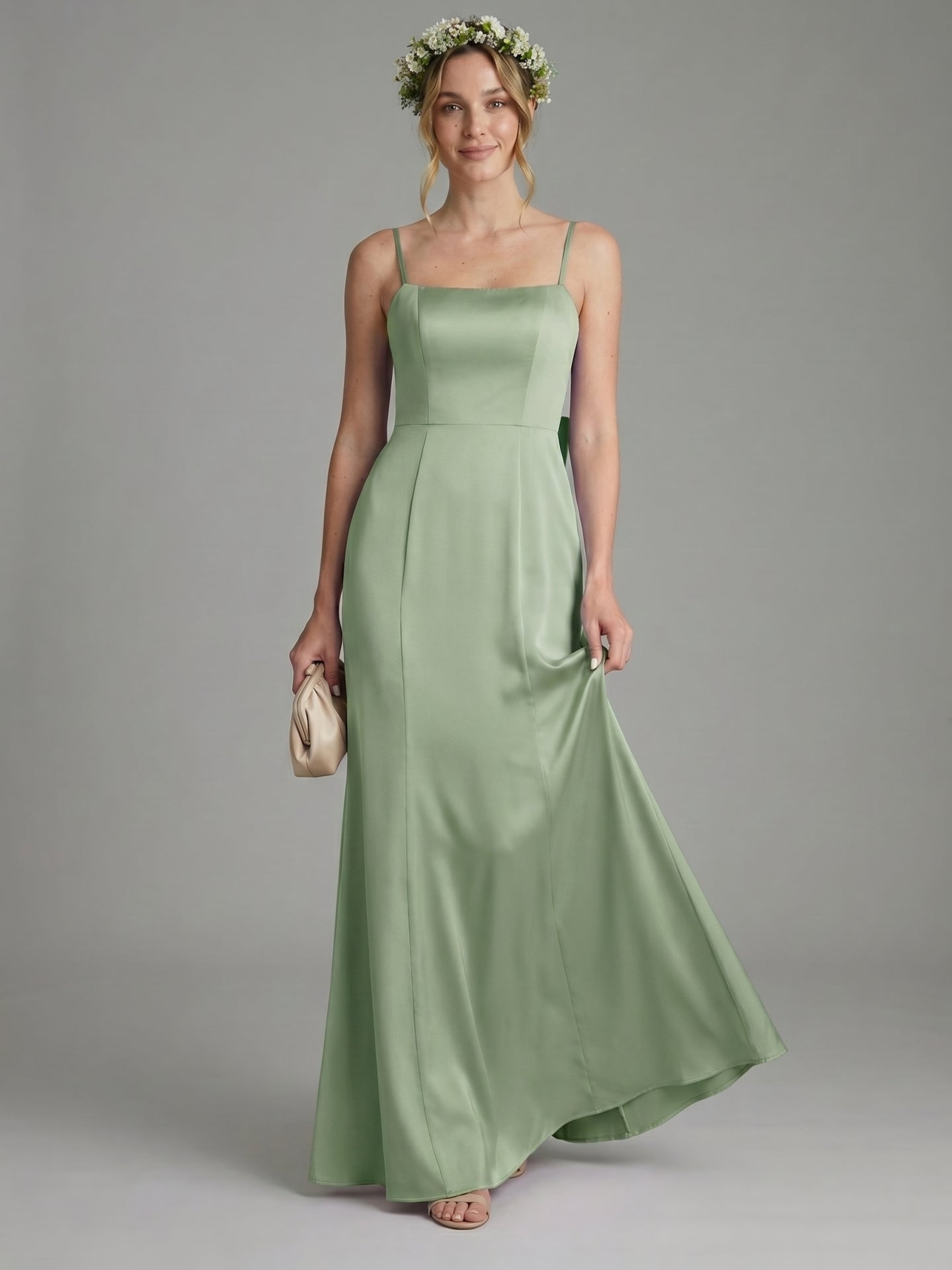 Coquette Dusty Sage Satin Sheath Square Neck Backless with Bow Ankle-Length Bridesmaid Dress
