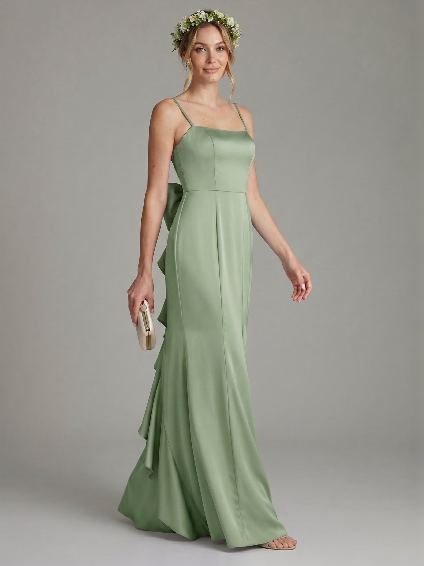 Coquette Dusty Sage Satin Sheath Square Neck Backless with Bow Ankle-Length Bridesmaid Dress