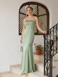 Coquette Dusty Sage Satin Sheath Square Neck Backless with Bow Ankle-Length Bridesmaid Dress