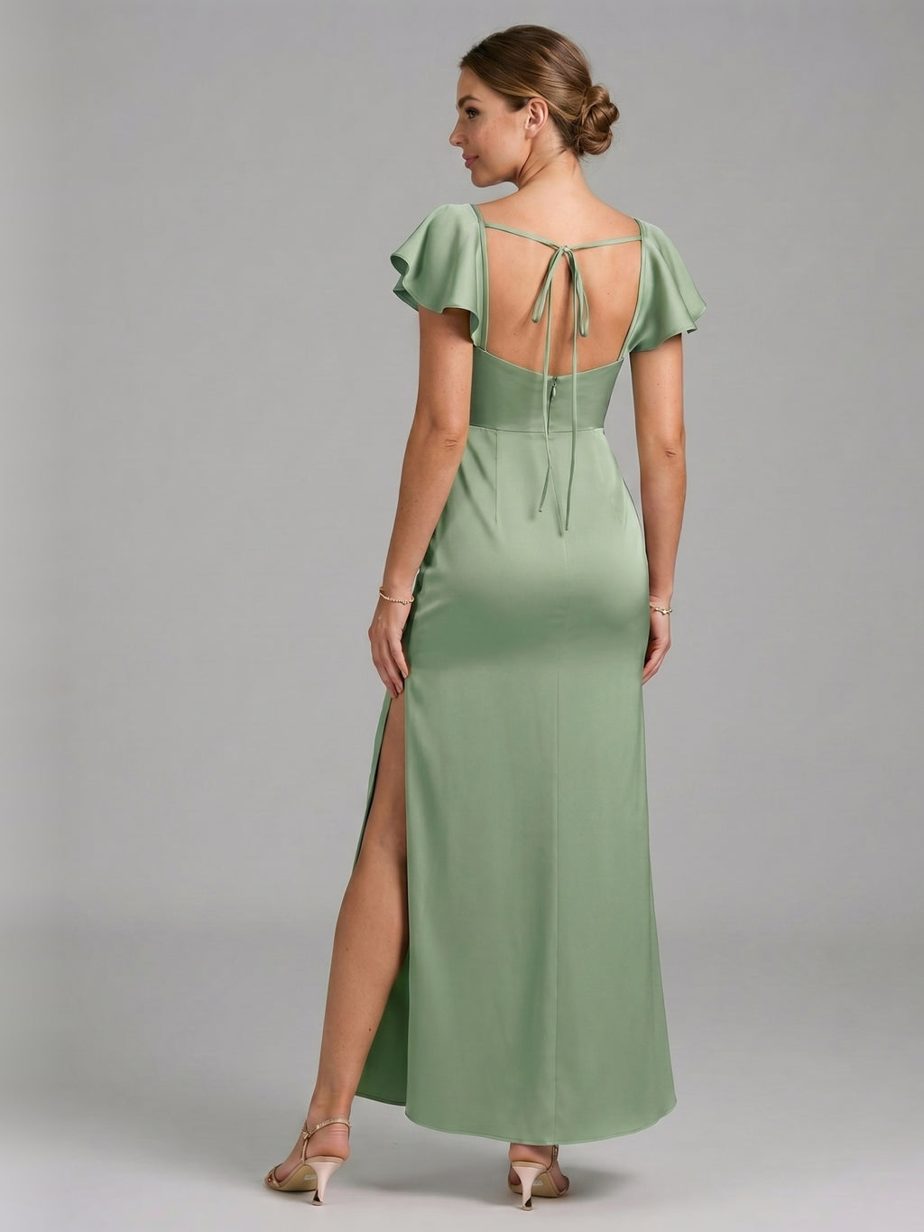 Coquette Dusty Sage Satin Sheath Sweetheart Backless Ankle-Length Bridesmaid Dress