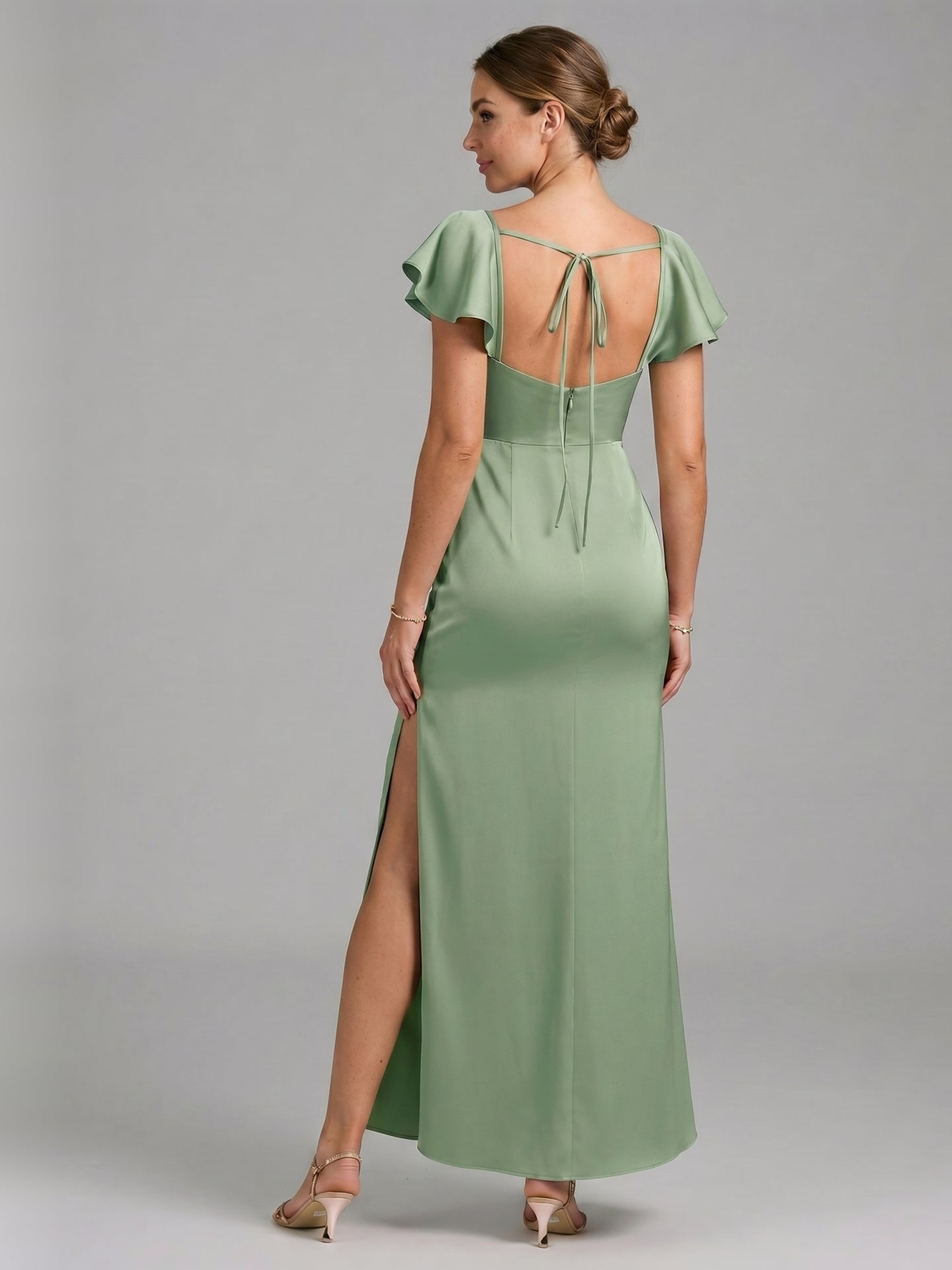 Coquette Dusty Sage Satin Sheath Sweetheart Backless Ankle-Length Bridesmaid Dress