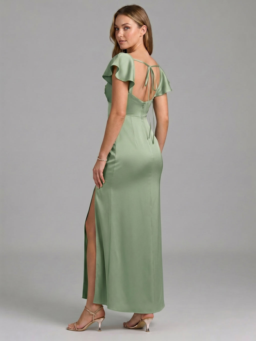 Coquette Dusty Sage Satin Sheath Sweetheart Backless Ankle-Length Bridesmaid Dress