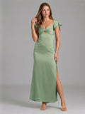 Coquette Dusty Sage Satin Sheath Sweetheart Backless Ankle-Length Bridesmaid Dress