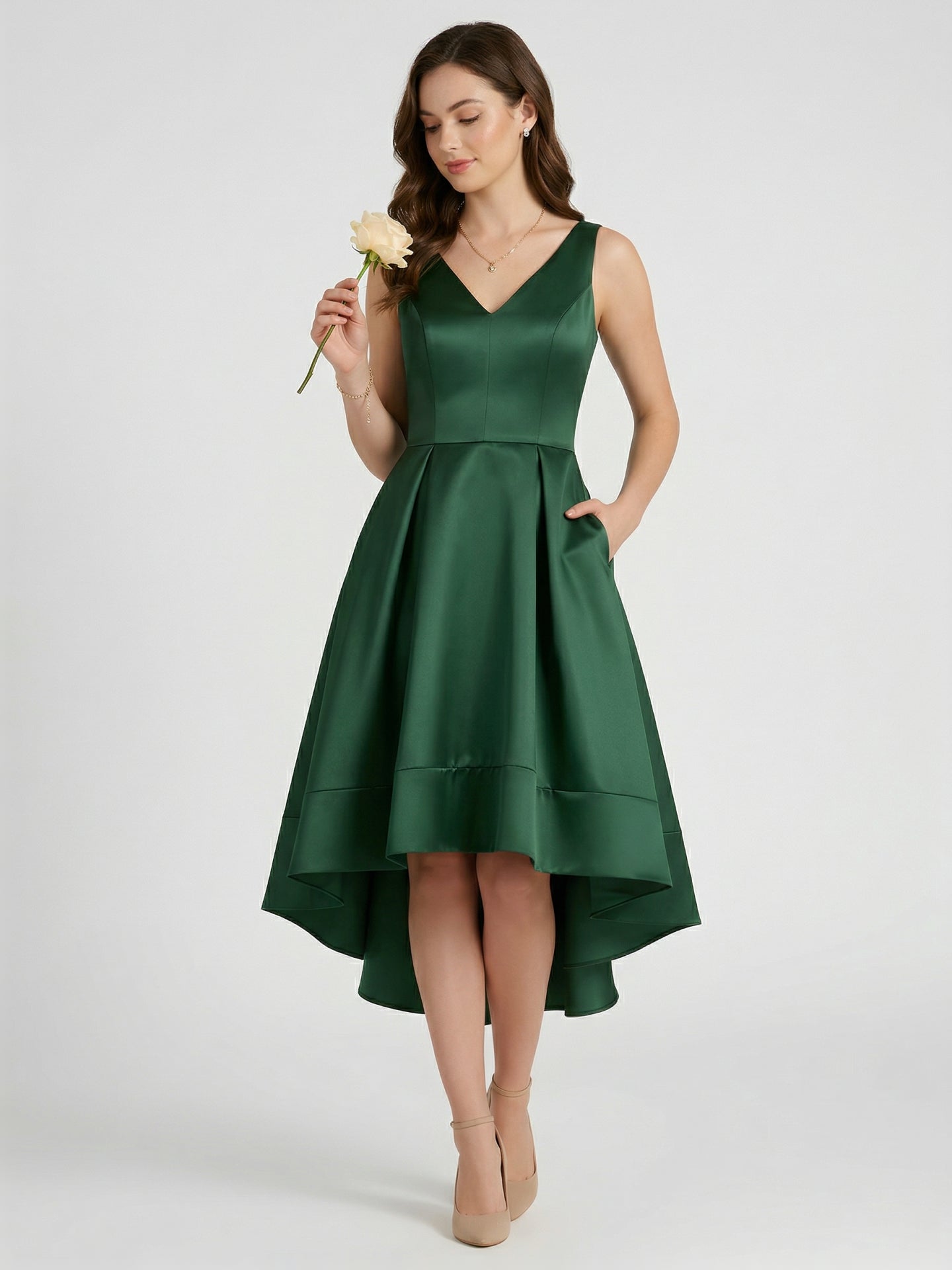 Coquette Emerald Satin A-Line V-Neck V-Back Asymmetrical Bridesmaid Dress