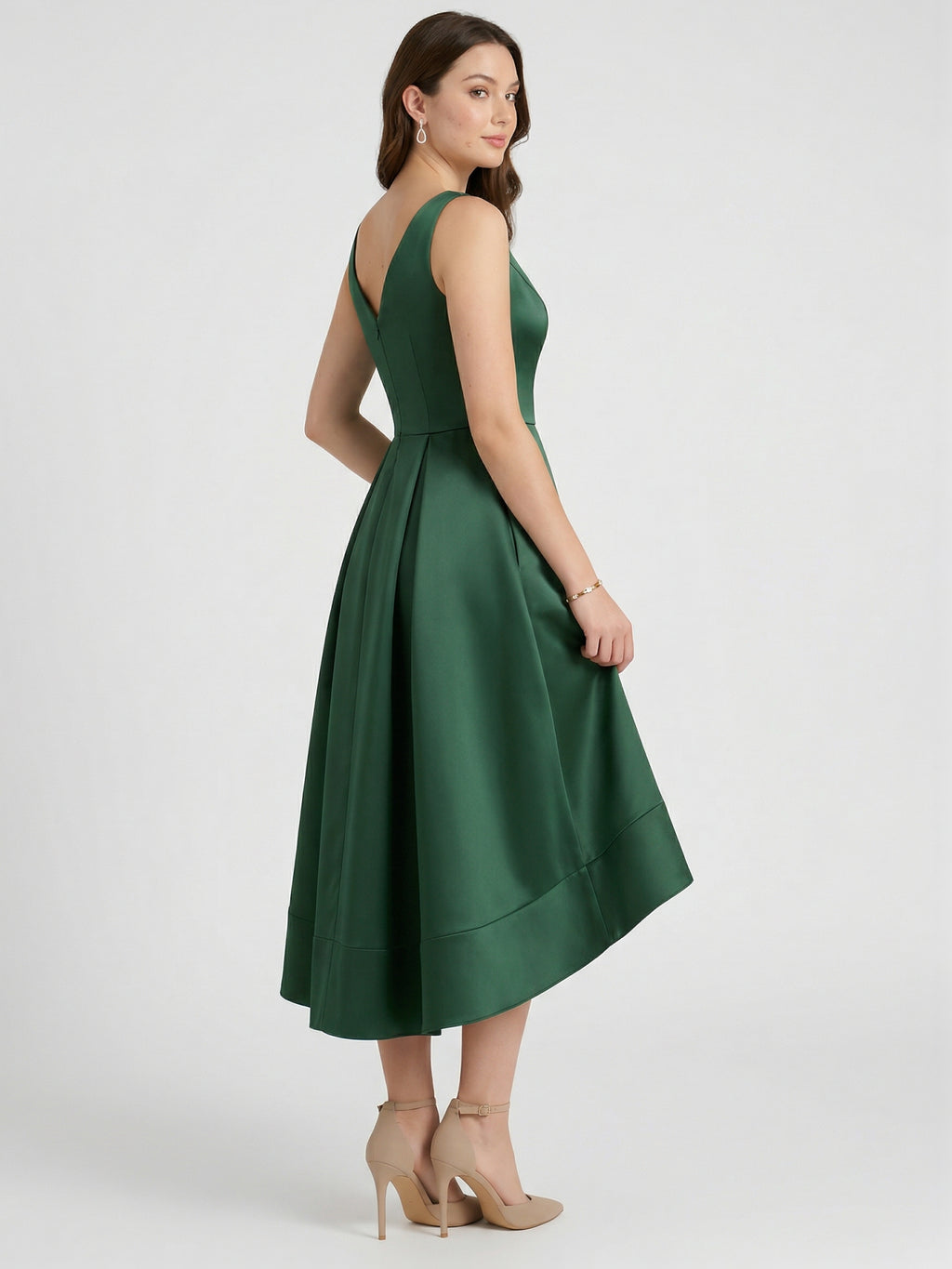 Coquette Emerald Satin A-Line V-Neck V-Back Asymmetrical Bridesmaid Dress