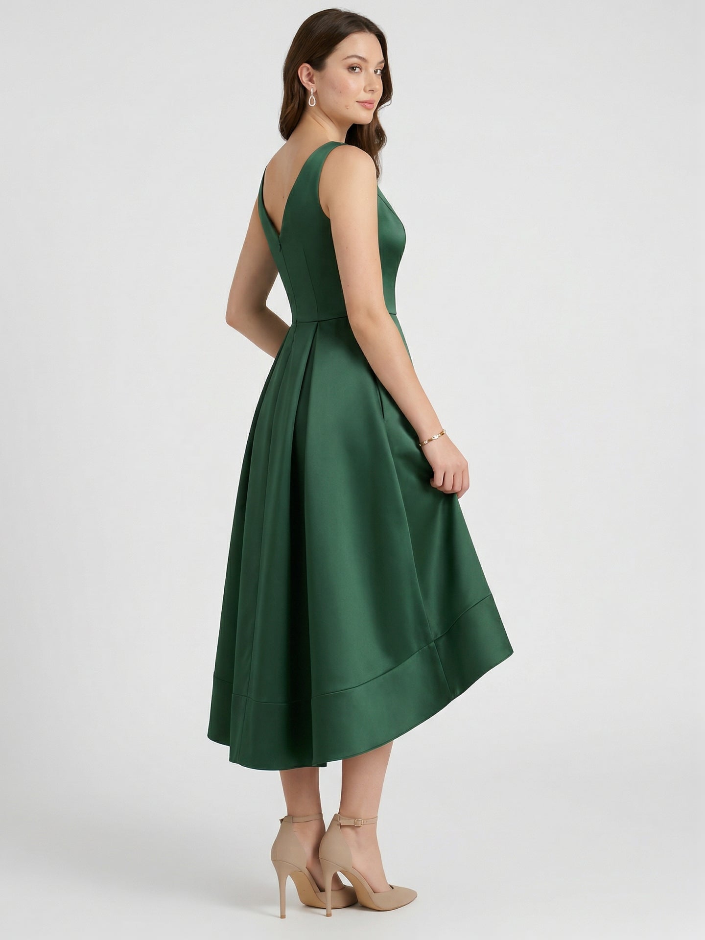 Coquette Emerald Satin A-Line V-Neck V-Back Asymmetrical Bridesmaid Dress