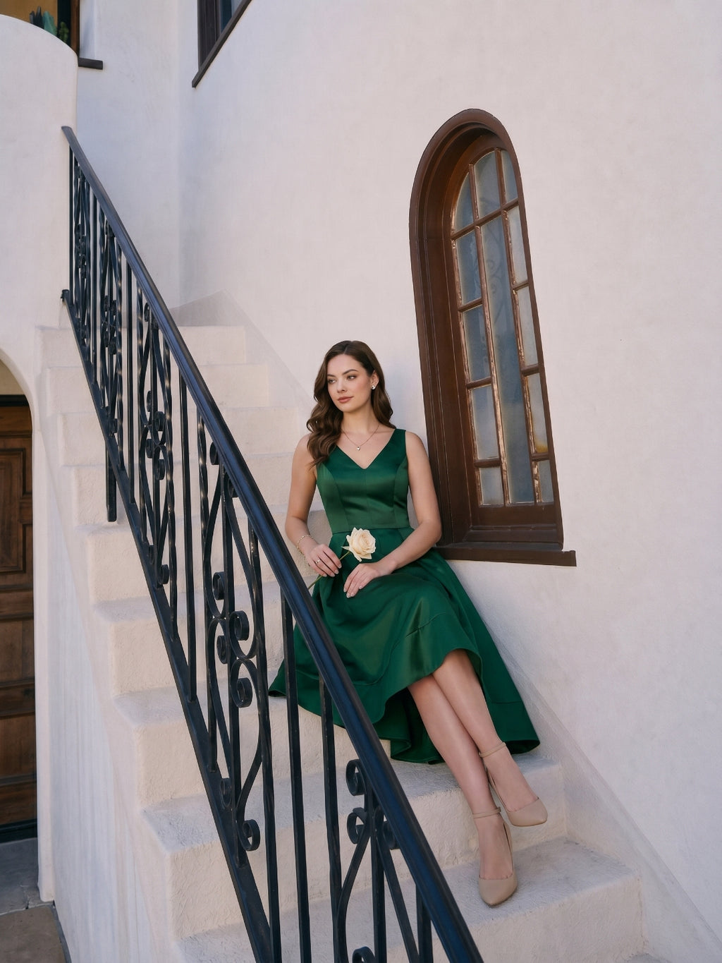 Coquette Emerald Satin A-Line V-Neck V-Back Asymmetrical Bridesmaid Dress
