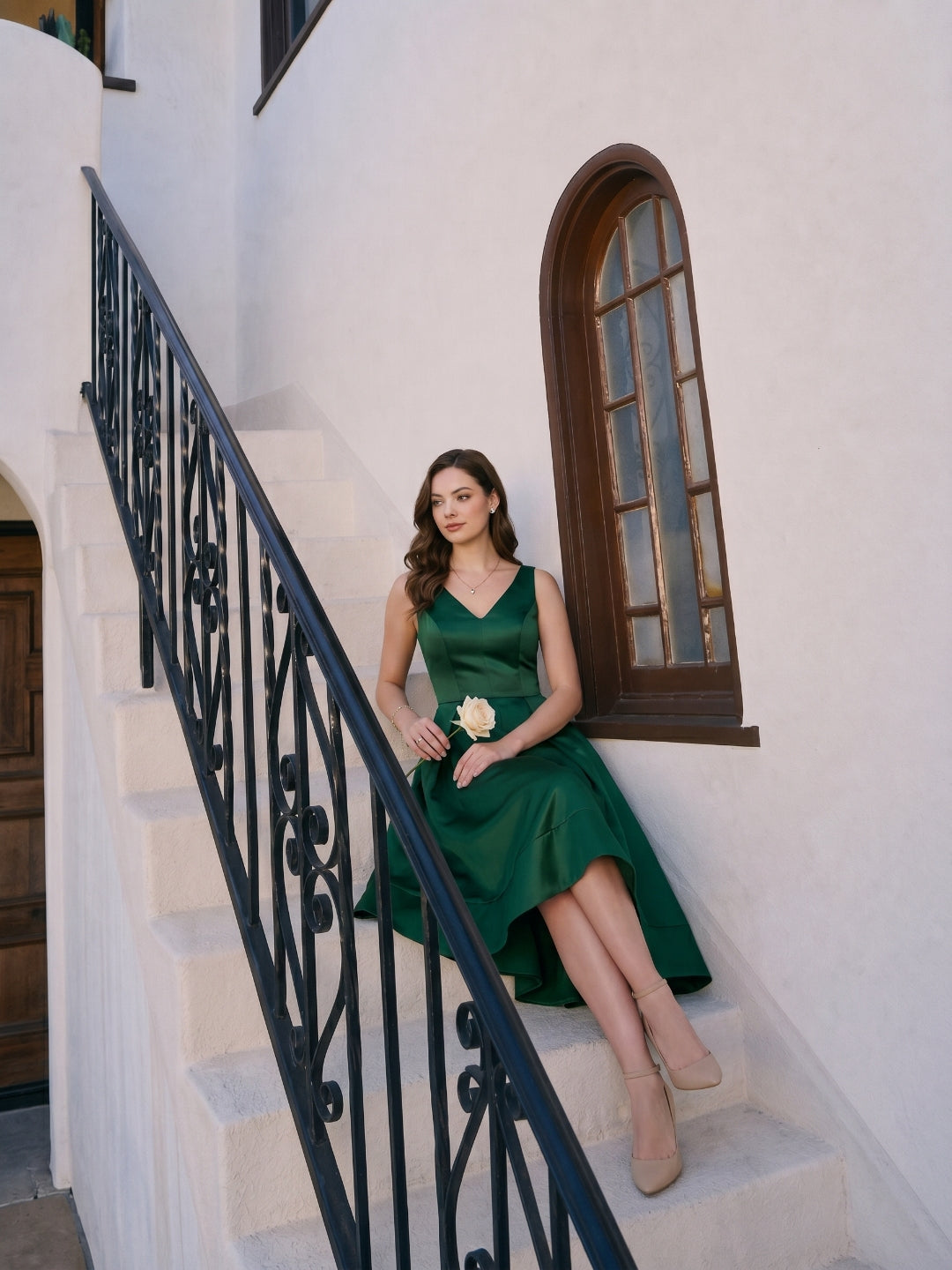 Coquette Emerald Satin A-Line V-Neck V-Back Asymmetrical Bridesmaid Dress