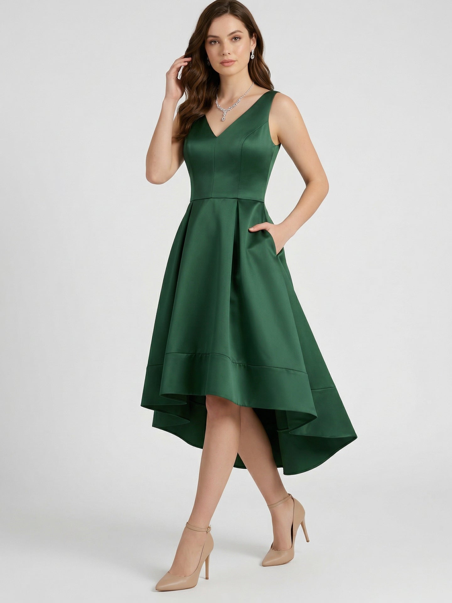 Coquette Emerald Satin A-Line V-Neck V-Back Asymmetrical Bridesmaid Dress