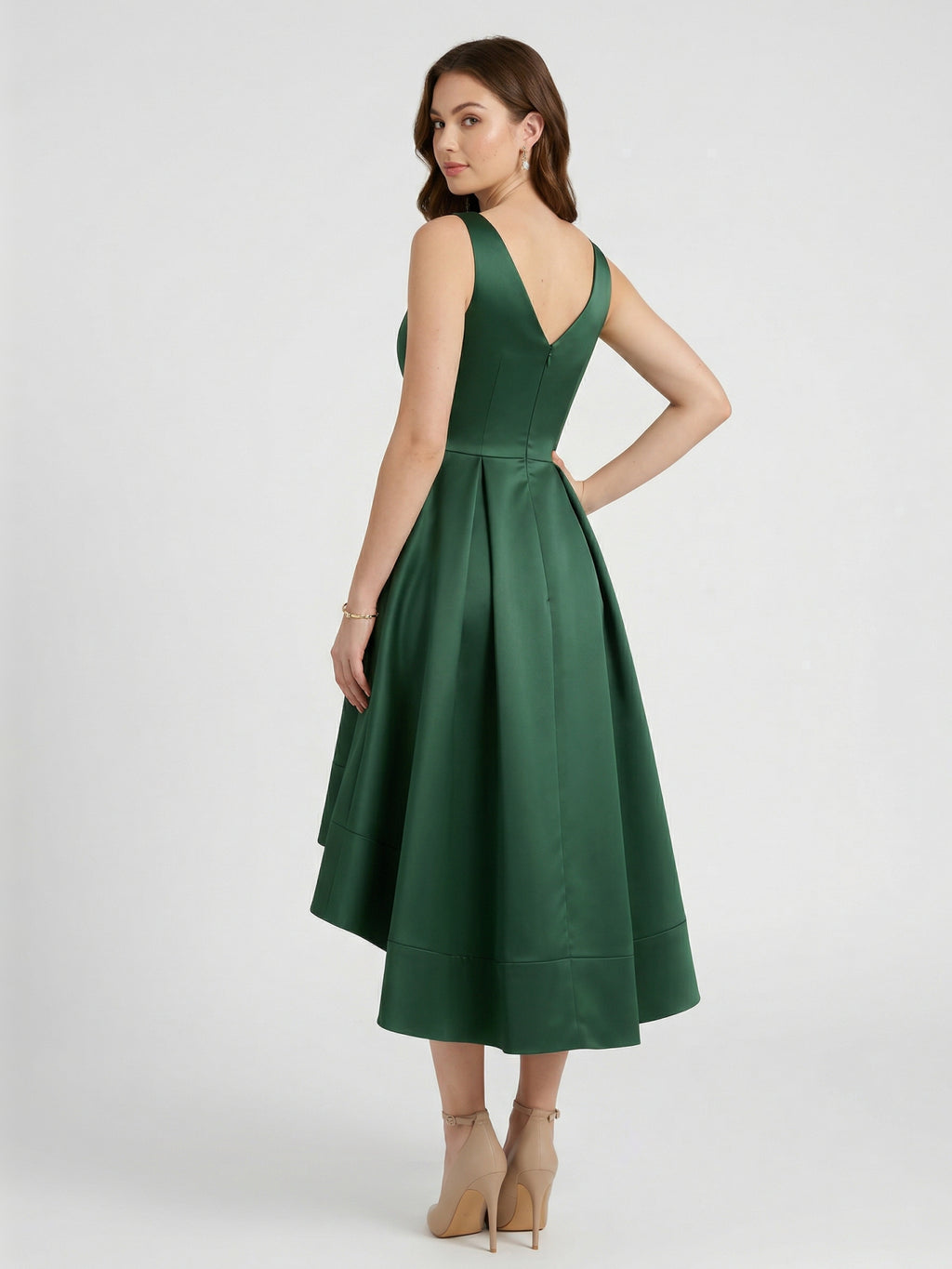 Coquette Emerald Satin A-Line V-Neck V-Back Asymmetrical Bridesmaid Dress
