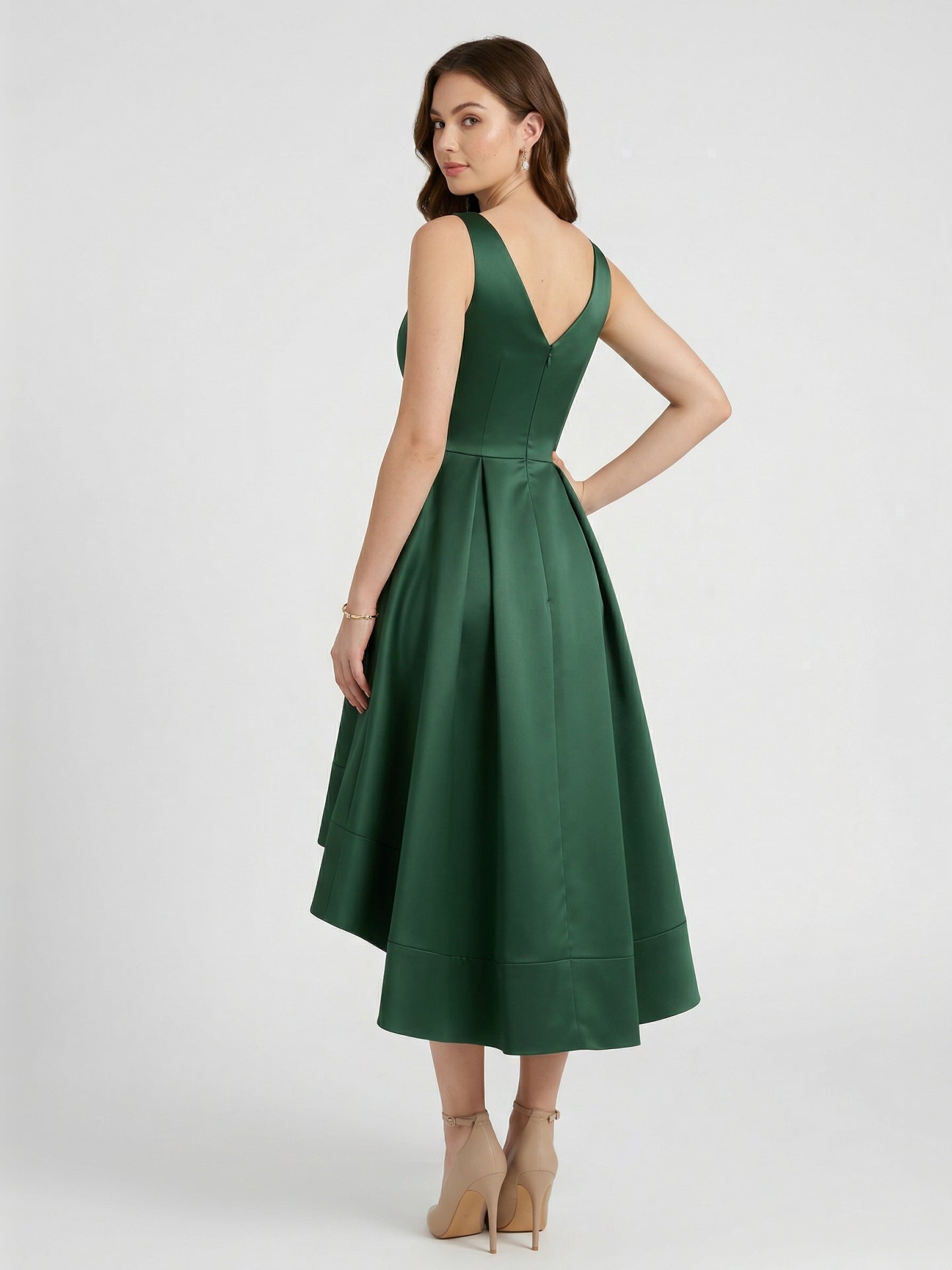 Coquette Emerald Satin A-Line V-Neck V-Back Asymmetrical Bridesmaid Dress