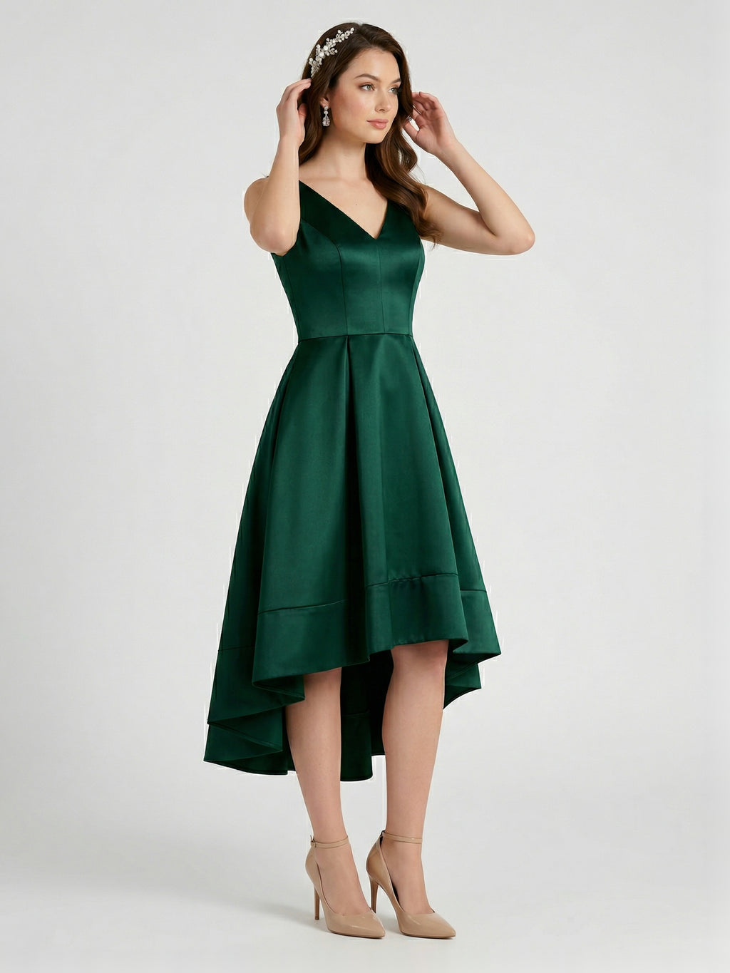 Coquette Emerald Satin A-Line V-Neck V-Back Asymmetrical Bridesmaid Dress