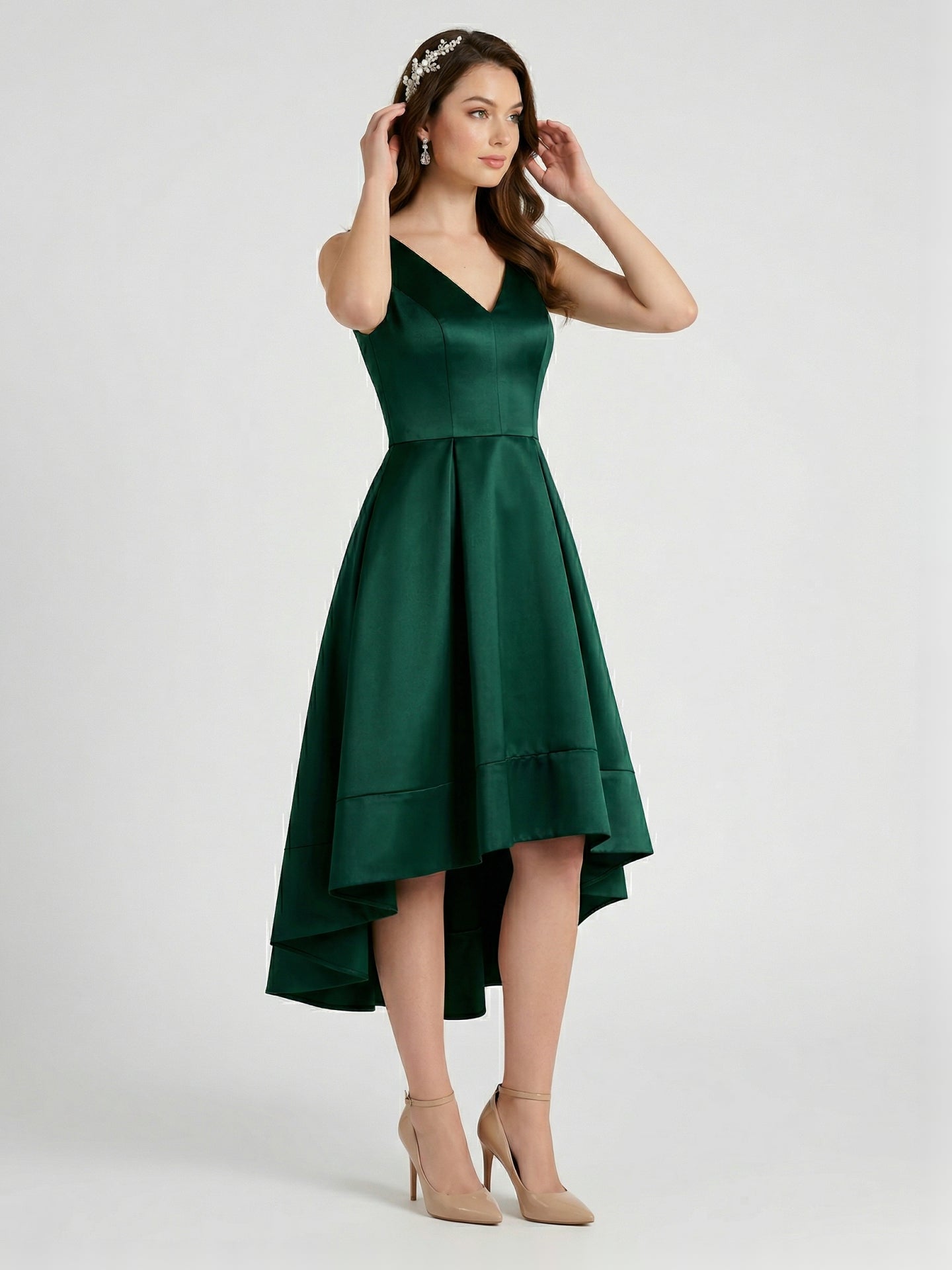 Coquette Emerald Satin A-Line V-Neck V-Back Asymmetrical Bridesmaid Dress