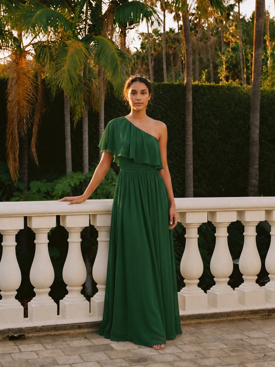 Coquette Forest Green Chiffon A-Line One Shoulder Backless with Pleated Ankle-Length Bridesmaid Dress