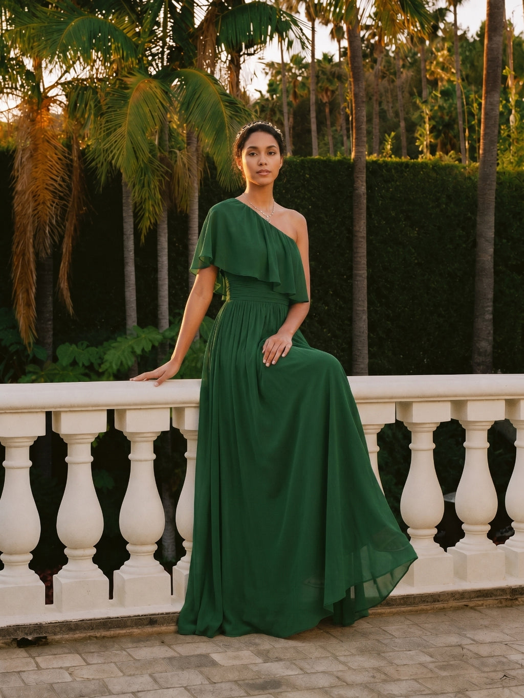 Coquette Forest Green Chiffon A-Line One Shoulder Backless with Pleated Ankle-Length Bridesmaid Dress